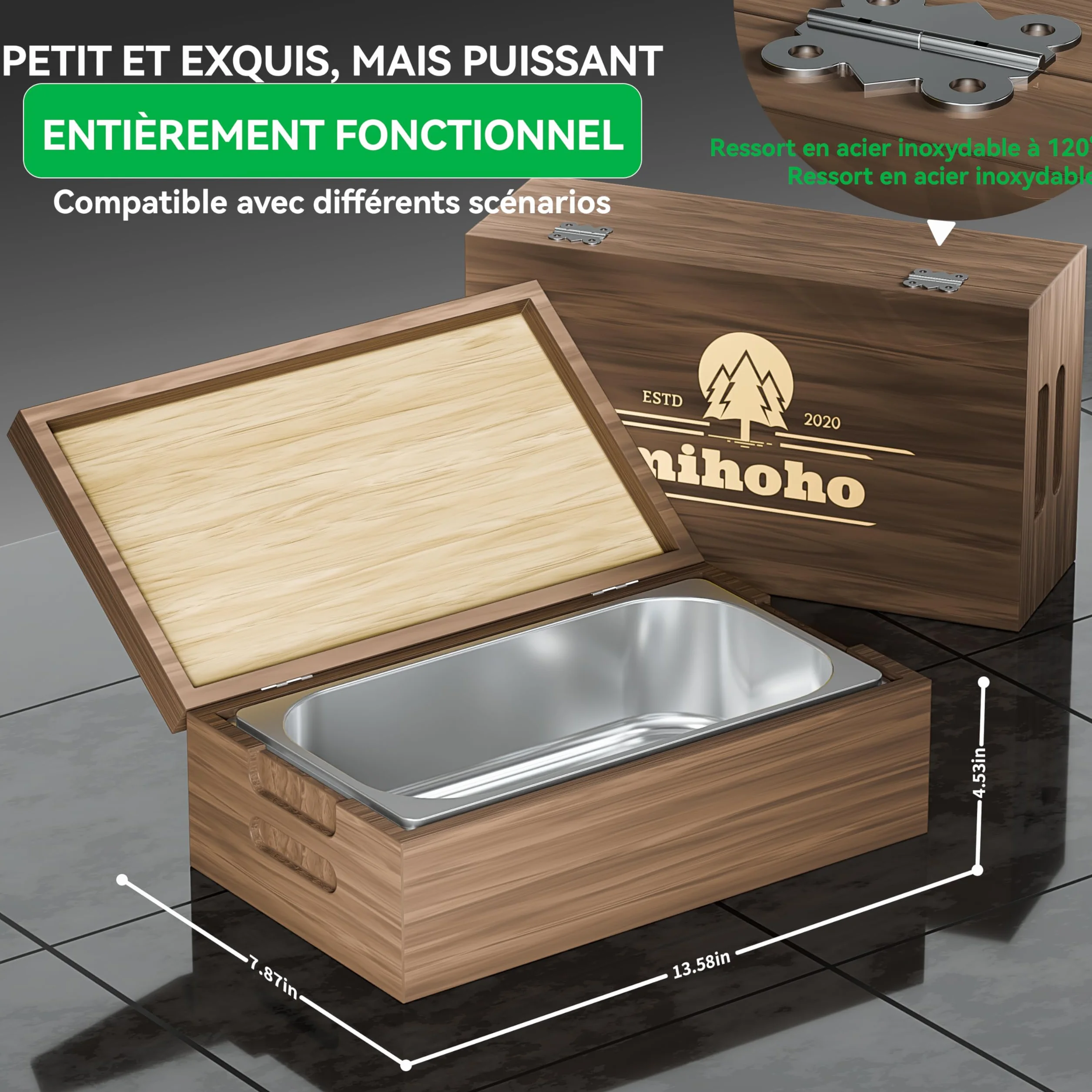 Poubelle de Cuisine 4L Bois véritable Acier Inoxydable Anti-odeurs pour déchets Alimentaires avec récipient intérieur Amovible Noyer