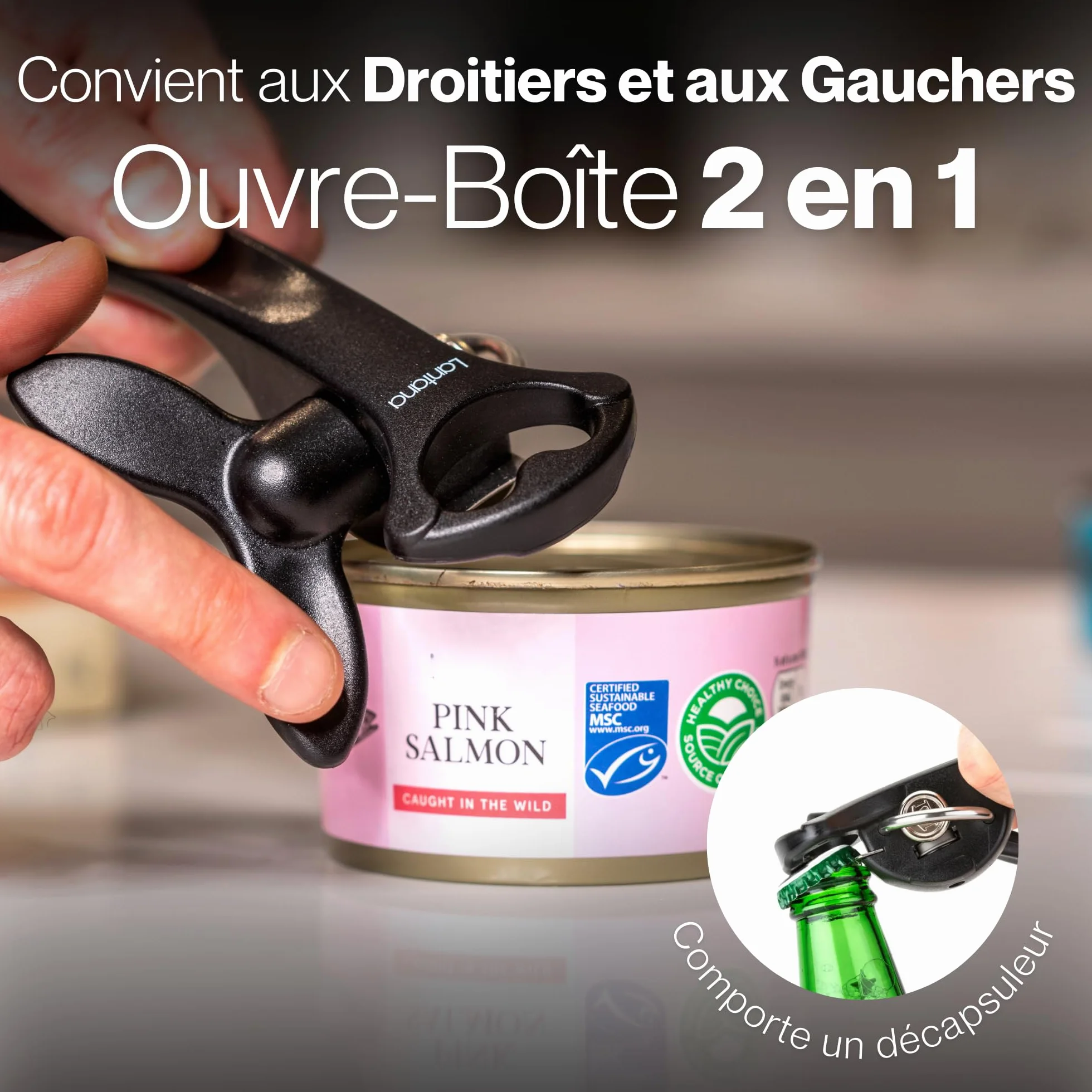 Lantana Ouvre-boîte/décapsuleur 2 en 1 noir acier inoxydable ouverture manuelle sans danger découpe latérale