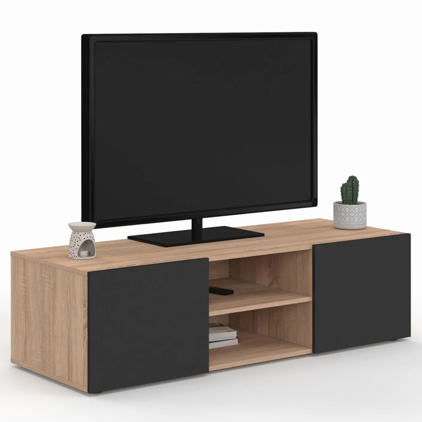 Meuble TV 113 cm ELI Bois façon hêtre Portes Noires