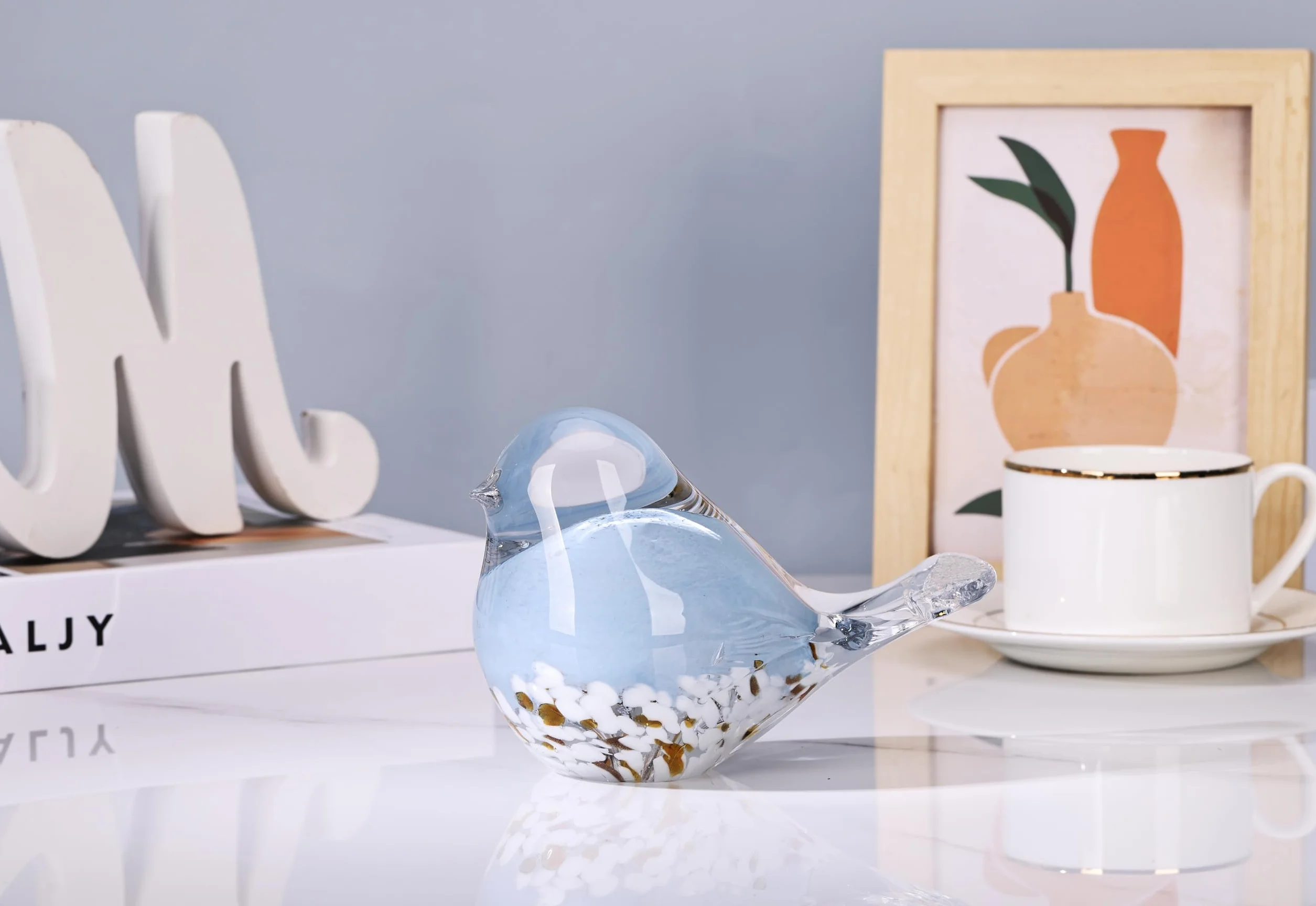 Statue d'oiseau en verre soufflé à la main Presse-papier Décoration d'intérieur (bleu)