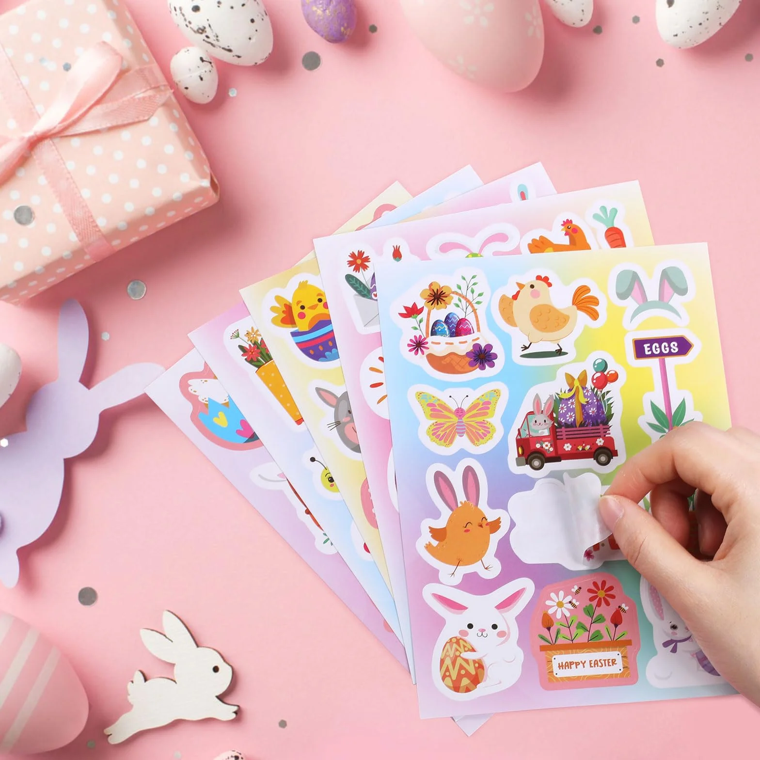 Autocollants Pâques 24 Feuilles 342Pcs Gommette Œuf Lapin Carottes Panier Cartes Enveloppes Scrapbooking Enfants Fournitures Fête