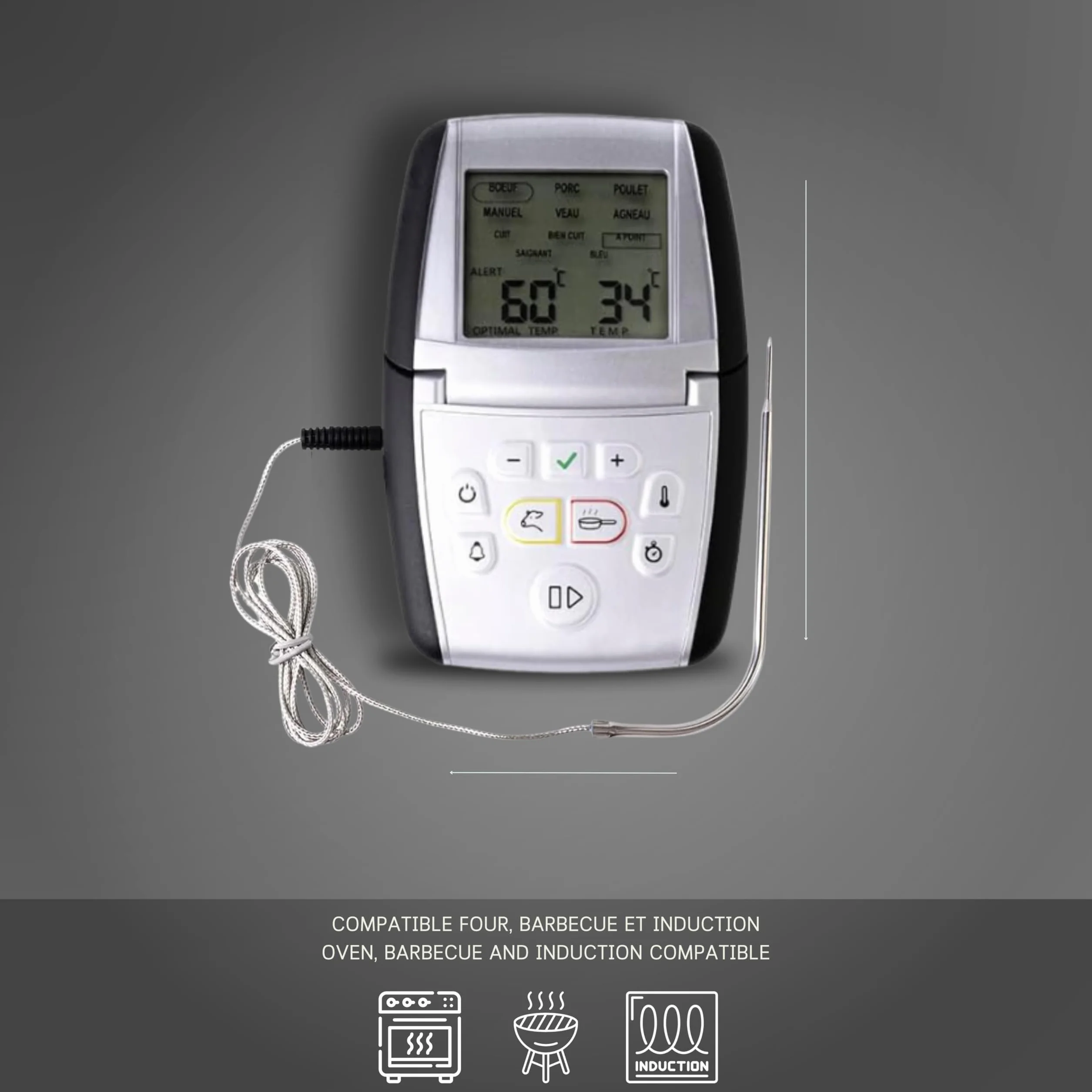 Mastrad Thermosonde De Cuisson m°classic+ Thermomètre Sonde 0-210°C Programmable Viande Cuisson Compatible Four BBQ Induction Alarme Temps Restant 1 Pile AAA
