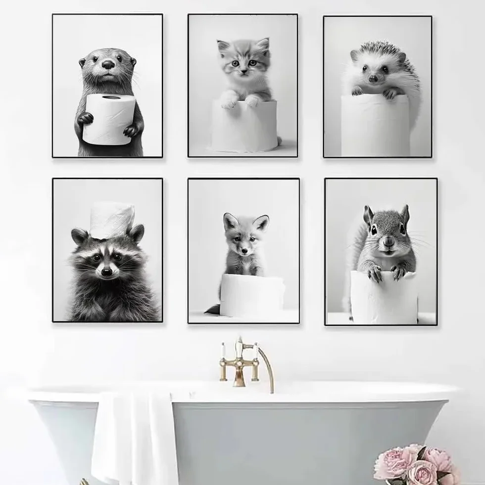 Affiche Murale Noir et Blanc Humour Animaux 40x50 Poster WC Deco Salle de Bain Toilette Humoristique
