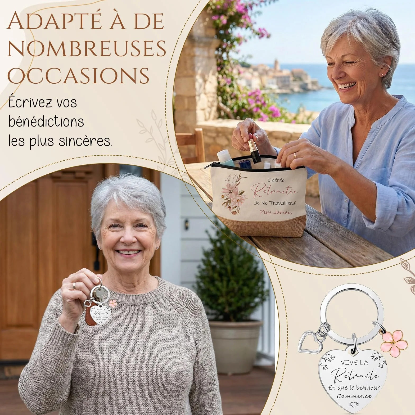 Cadeau Retraite Femme Sac à Main Tote Bag Trousse à Maquillage Pochette Cosmétique Porte-Clés Enveloppe avec Fleur
