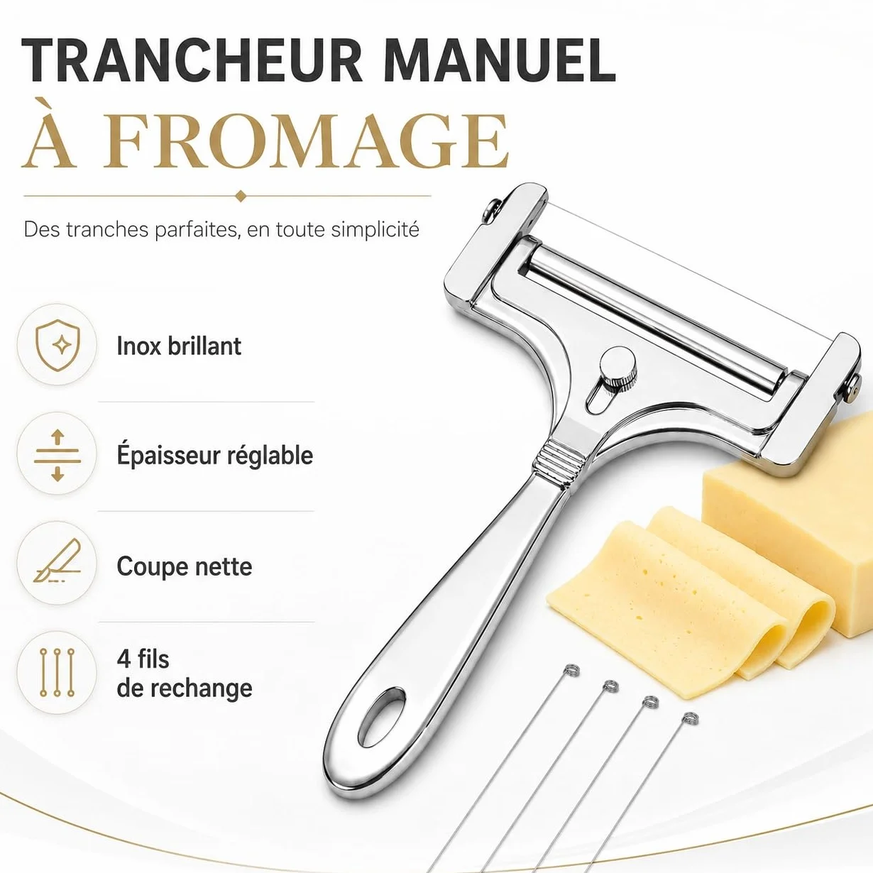 Trancheur à fromage manuel inox 4 fils de rechange réglable coupe-beurre portable argent brillant
