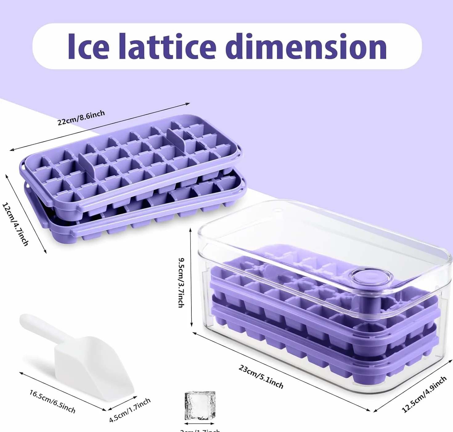 Bac à Glaçons 64 Carrés Qualité Alimentaire Sans BPA Couvercle Libération Rapide Violet