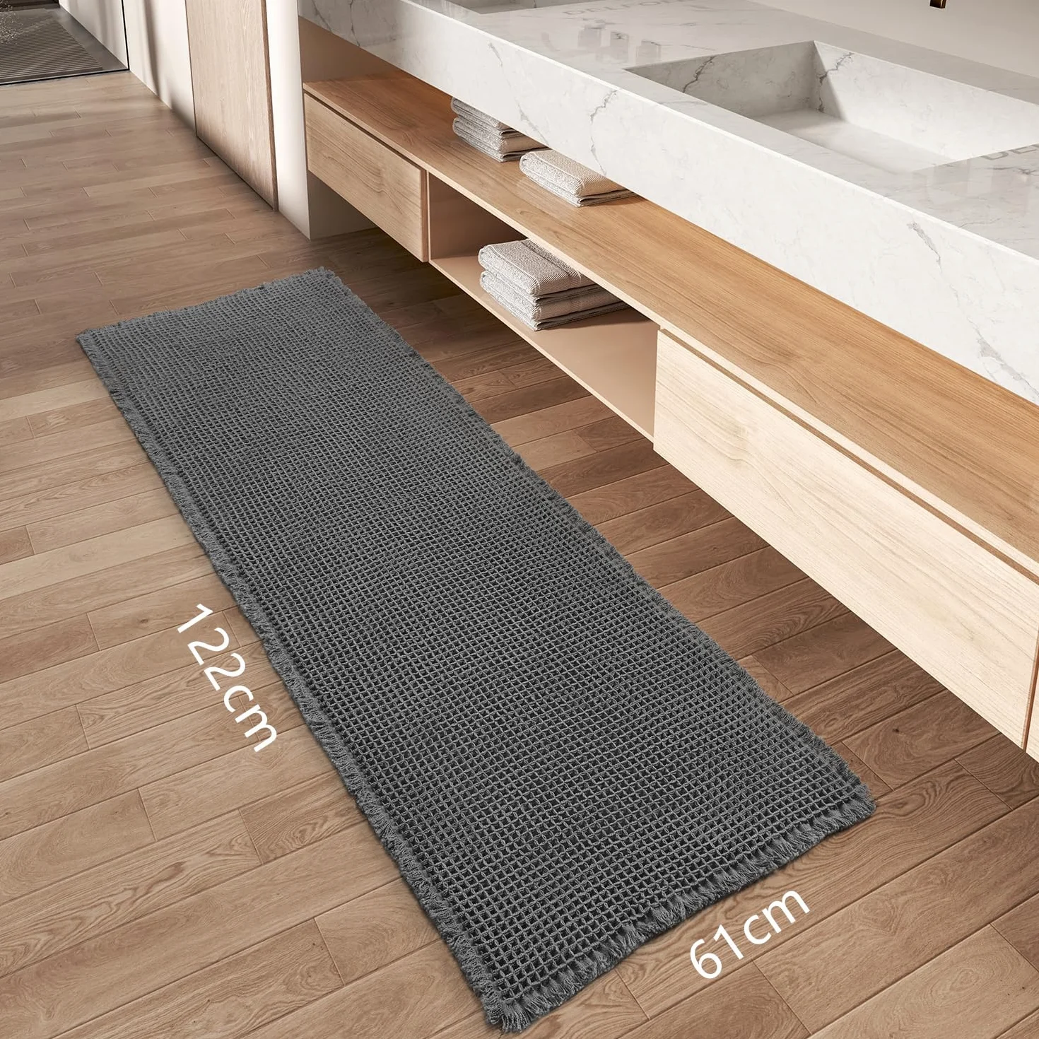 Tapis de Bain Antidérapant Ultra Doux Gaufres avec Glands, Absorbant Lavable en Machine 61 x 122 cm Gris Foncé