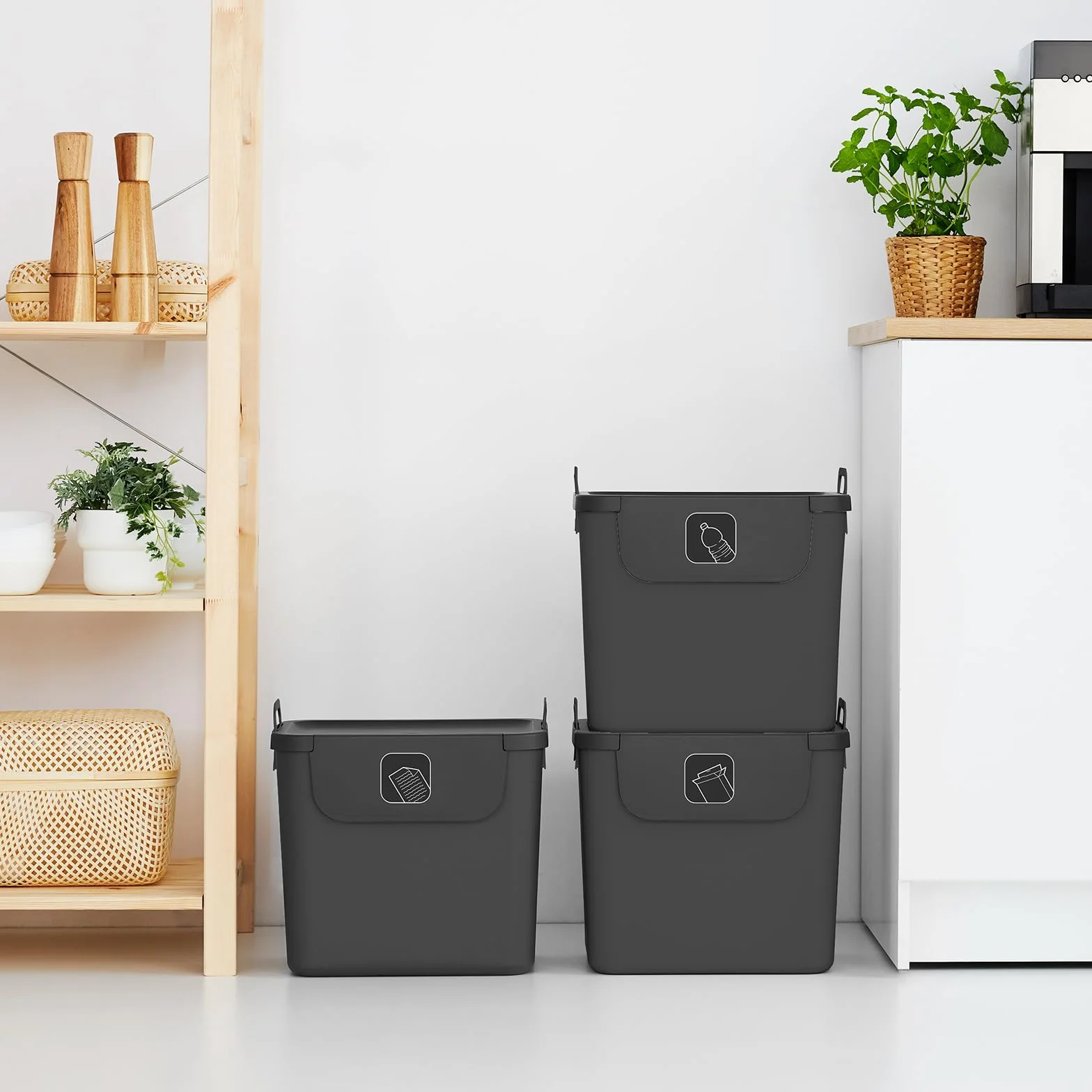 Jive Rotho Recycling Müllsystem anthrazit Set 3 poubelles de tri 30l plastique PP recyclé gris foncé