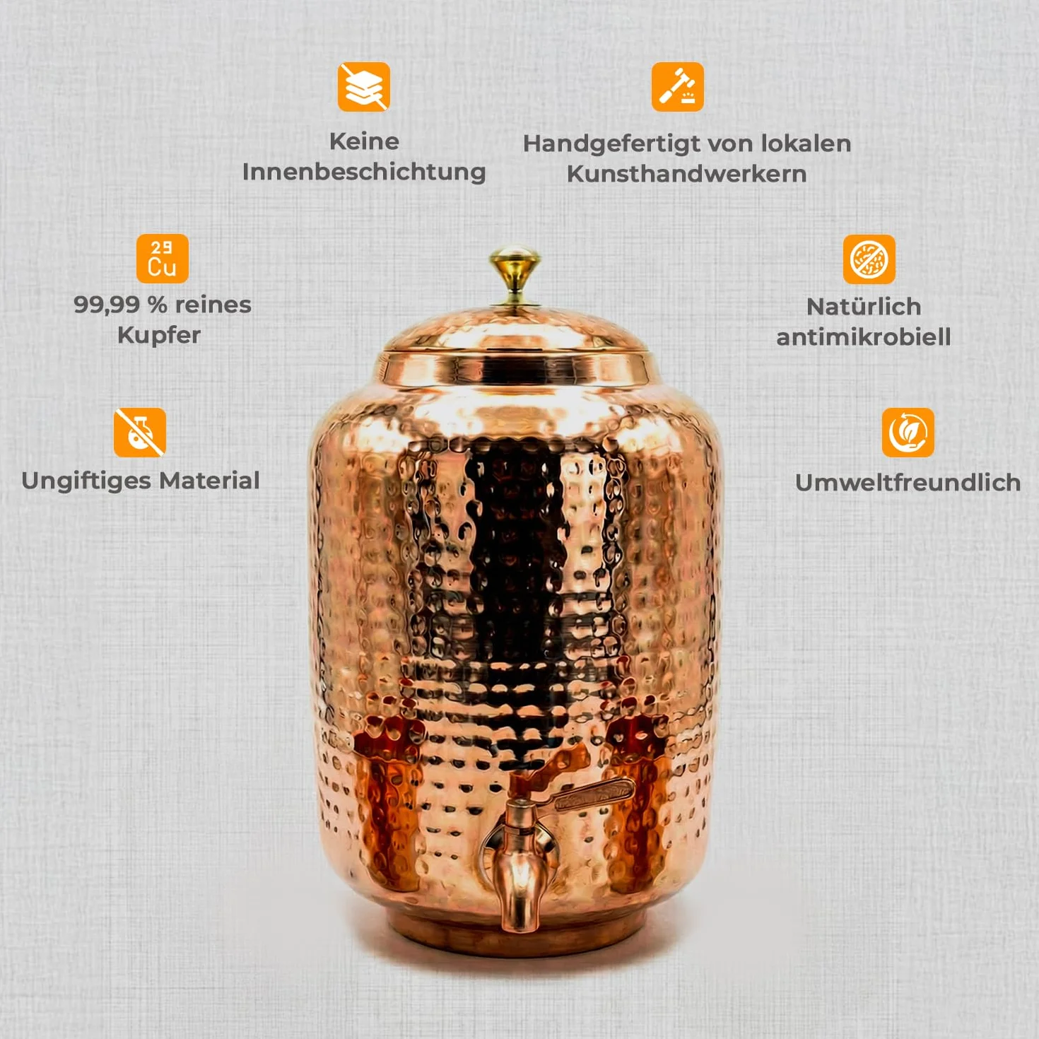 Distributeur d'eau en cuivre 5 l avec 2 tasses et support, réservoir cuivre pur, robinet anti-fuite