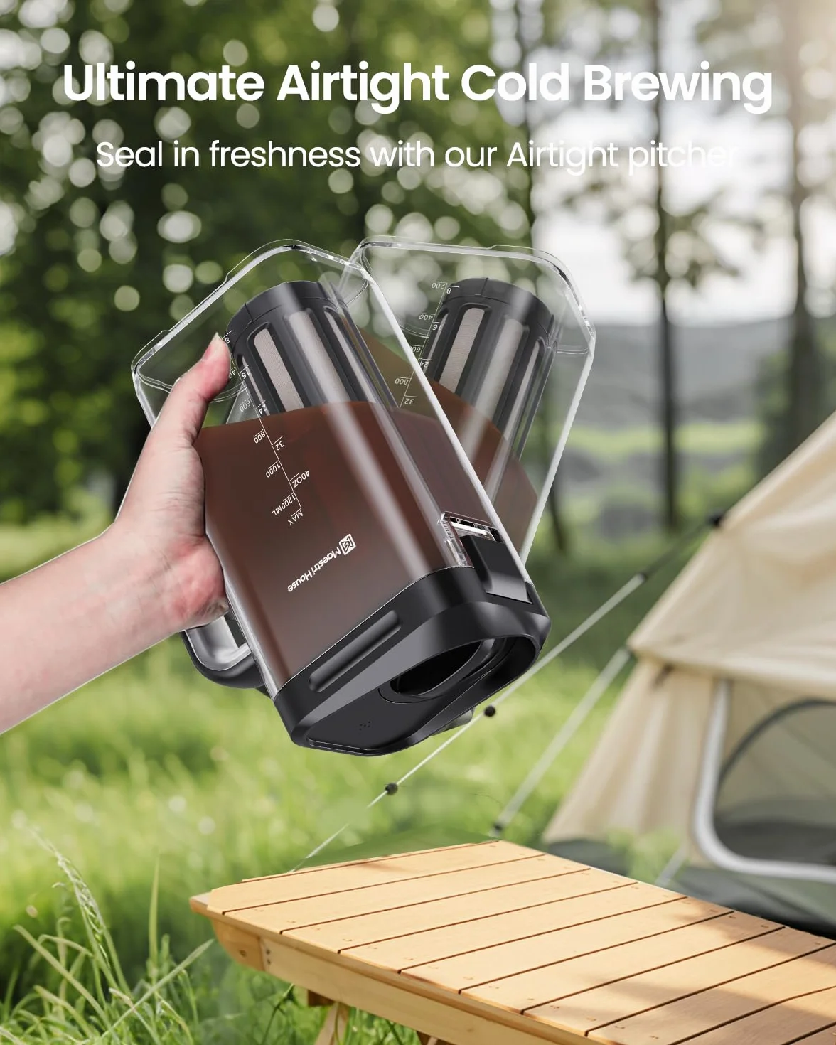 Maestri House Cafetière compacte à froid 1,1 L, filtre en maille 350, étanche