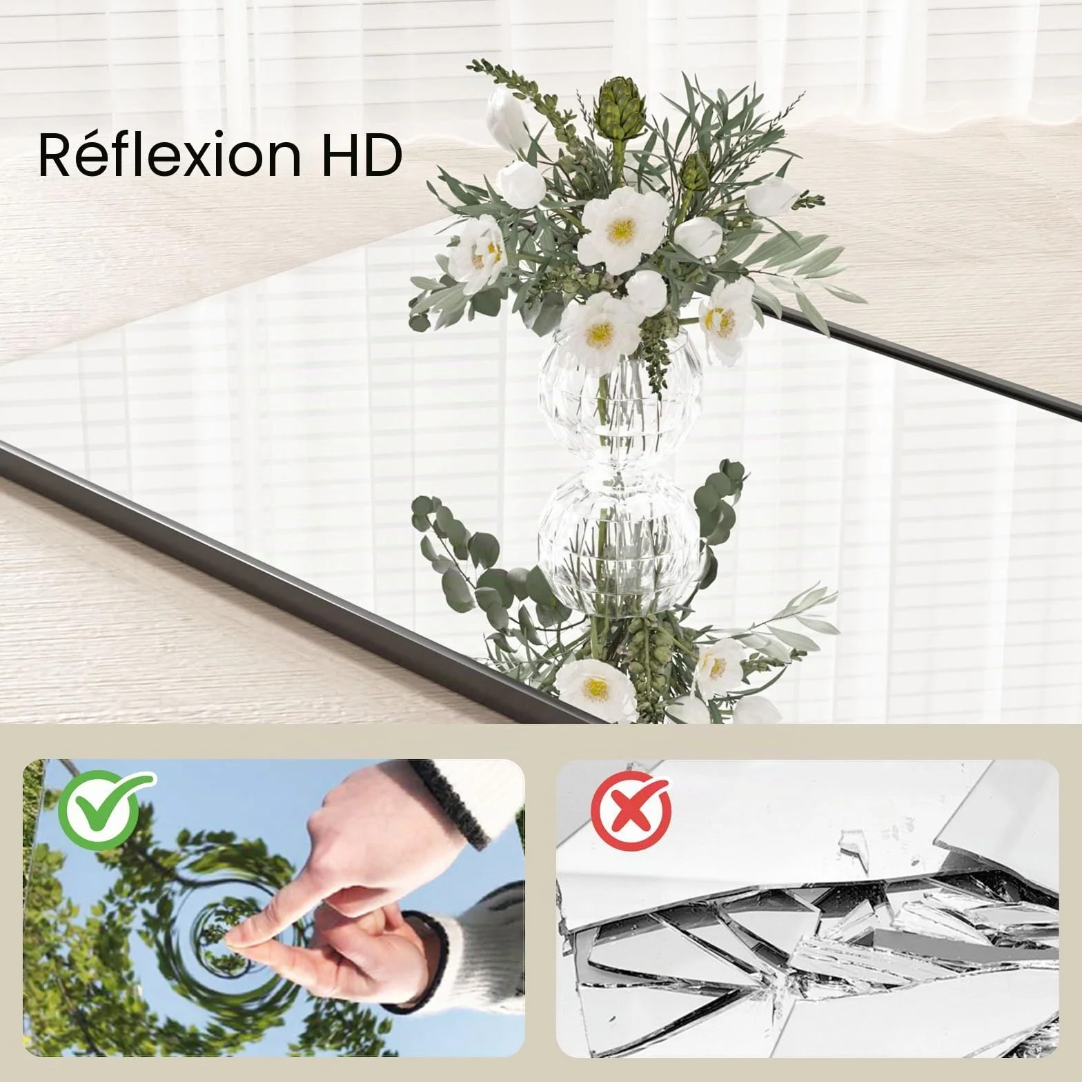 brisafe Grand Miroir Pleine Longueur 180 x 180 cm sur Pied 3 Côtés Pliable avec Roulettes Rotatif 360° Nano Incassable Blanc