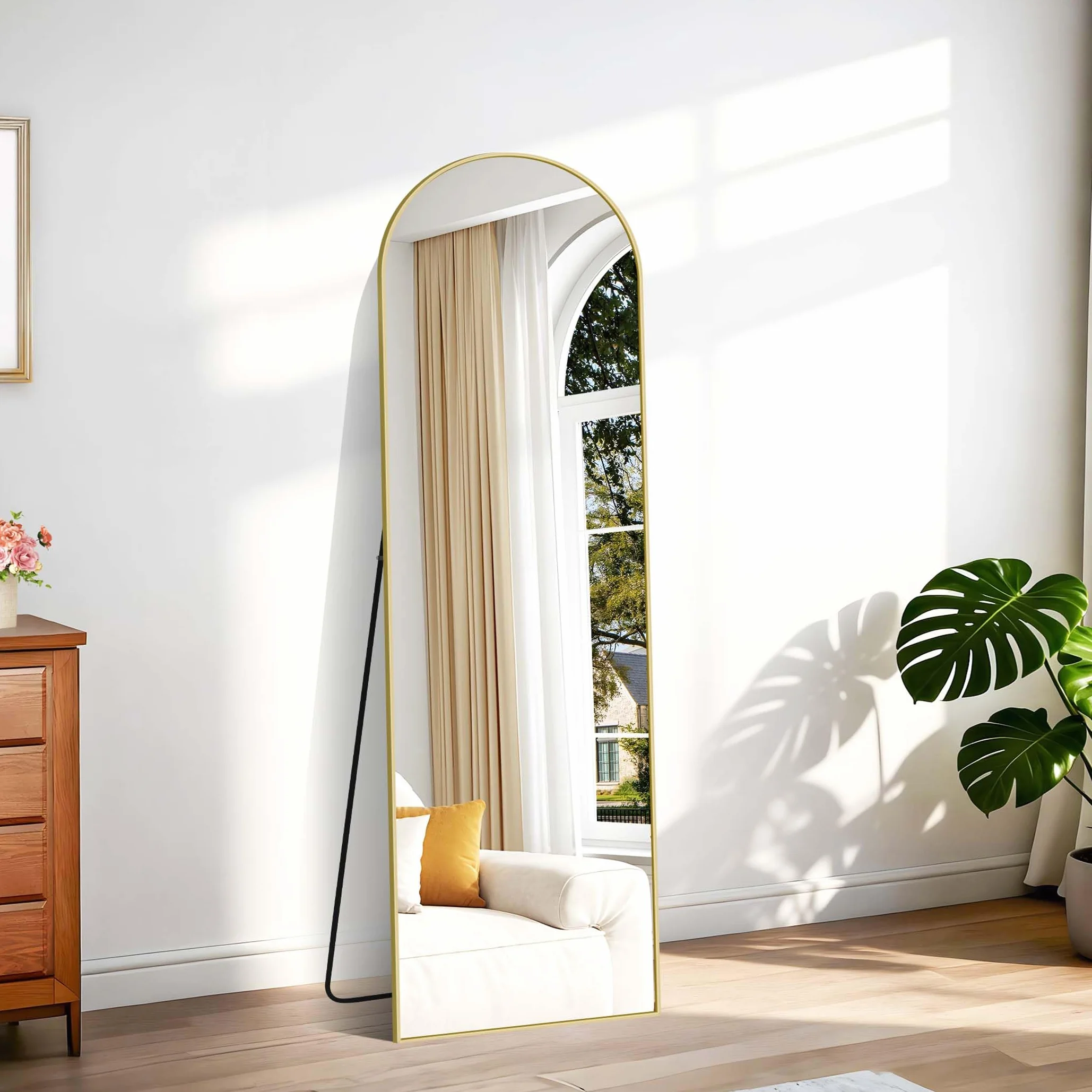 Miroir Arqué Pleine Longueur 150 x 40 cm, Pied Penché ou Suspendu, Cadre Métal Doré, Anti-déflagrante, Pour Salon Chambre