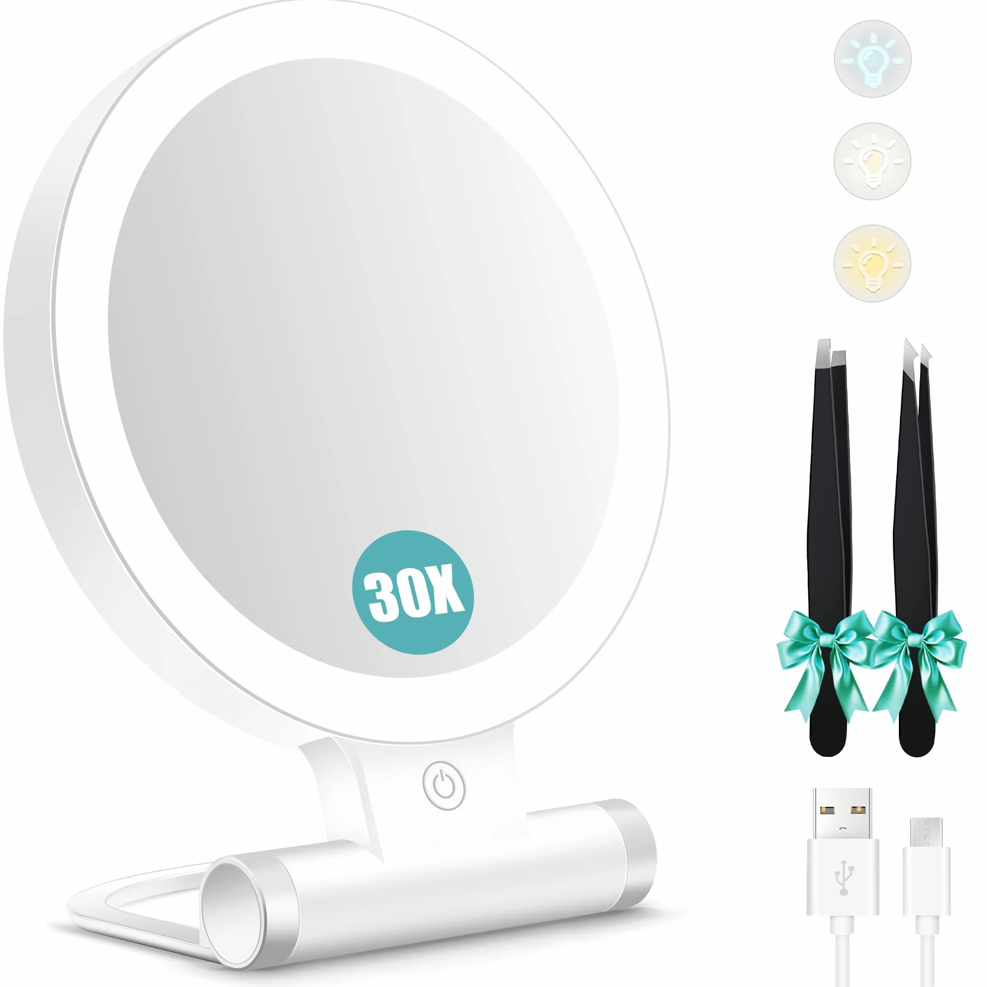 B Beauty Planet Miroir grossissant Double Face 1X/30X avec lumière, 3 Modes d'éclairage, 2000mAh, Miroir de Maquillage de Voyage Compact