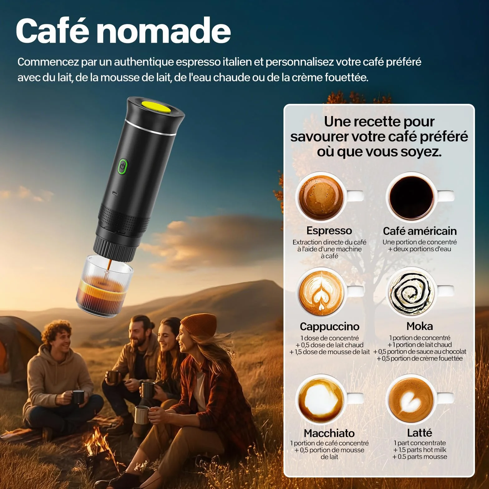 Machine à Café Portable 12V Chauffage Rapide 3 En 1 Auto-Chauffage 4-6 Min Grandes Capsules Café Moulu Camping Bureau Maison Voiture Noir
