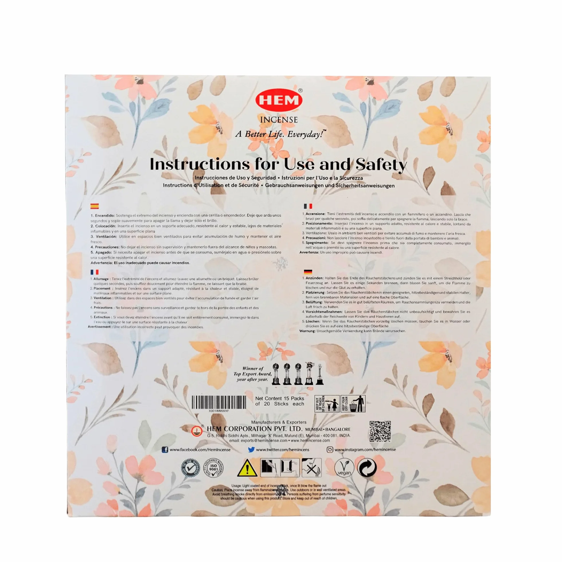 Hem Pack d'encens Assortiment 15 Parfum Exclusif 300 bâtons Aromathérapie Méditation Naturel