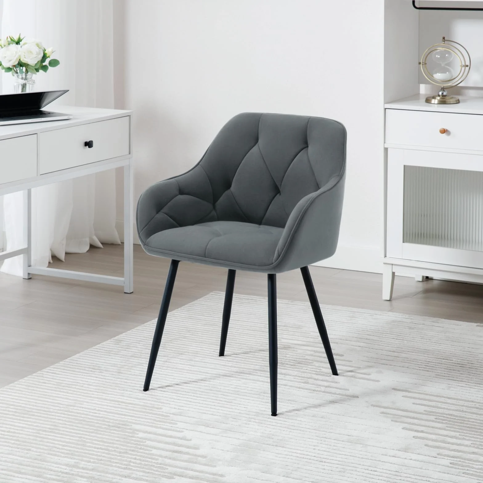 WOLTU Lot de 6 Chaises de Salle à Manger Rembourrées avec Accoudoirs, Pieds en Métal, Velours Gris Foncé
