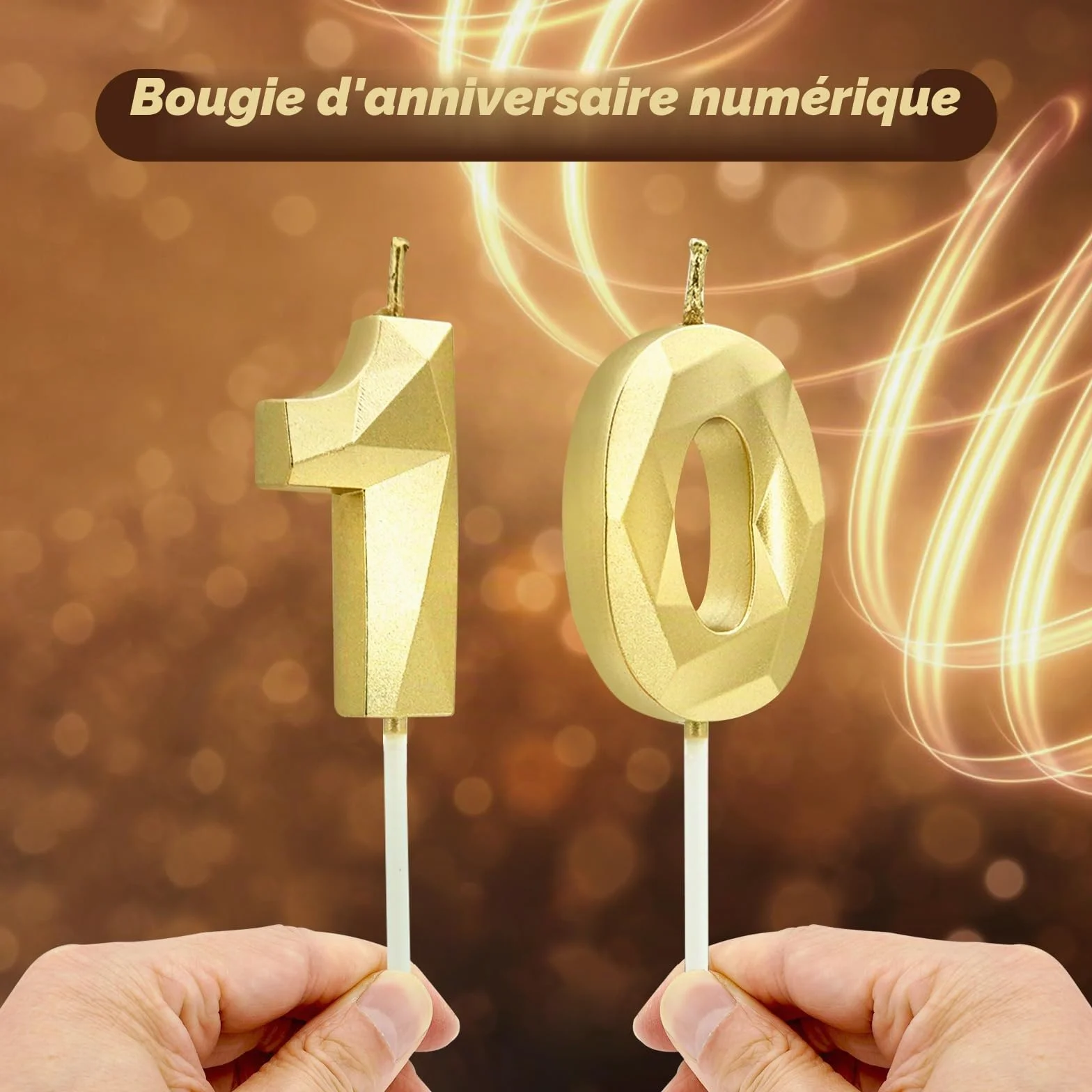 Bougies d'anniversaire Chiffres 3D Bougie Numéro 10 Dorées pour Gâteau
