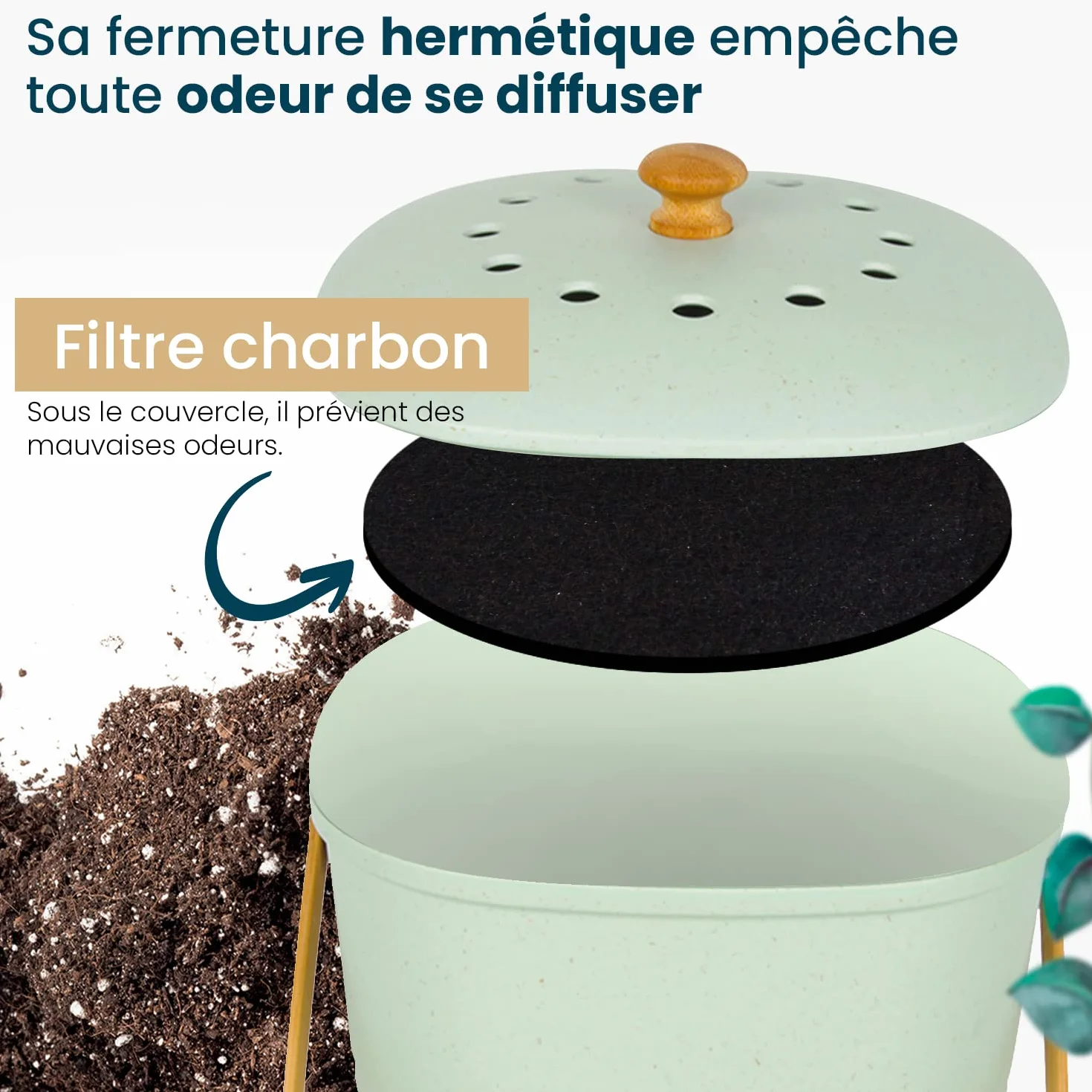 BIRAMBEAU Seau à Compost 3,5L Vert – Poubelle Cuisine pour Déchets Organiques Compact