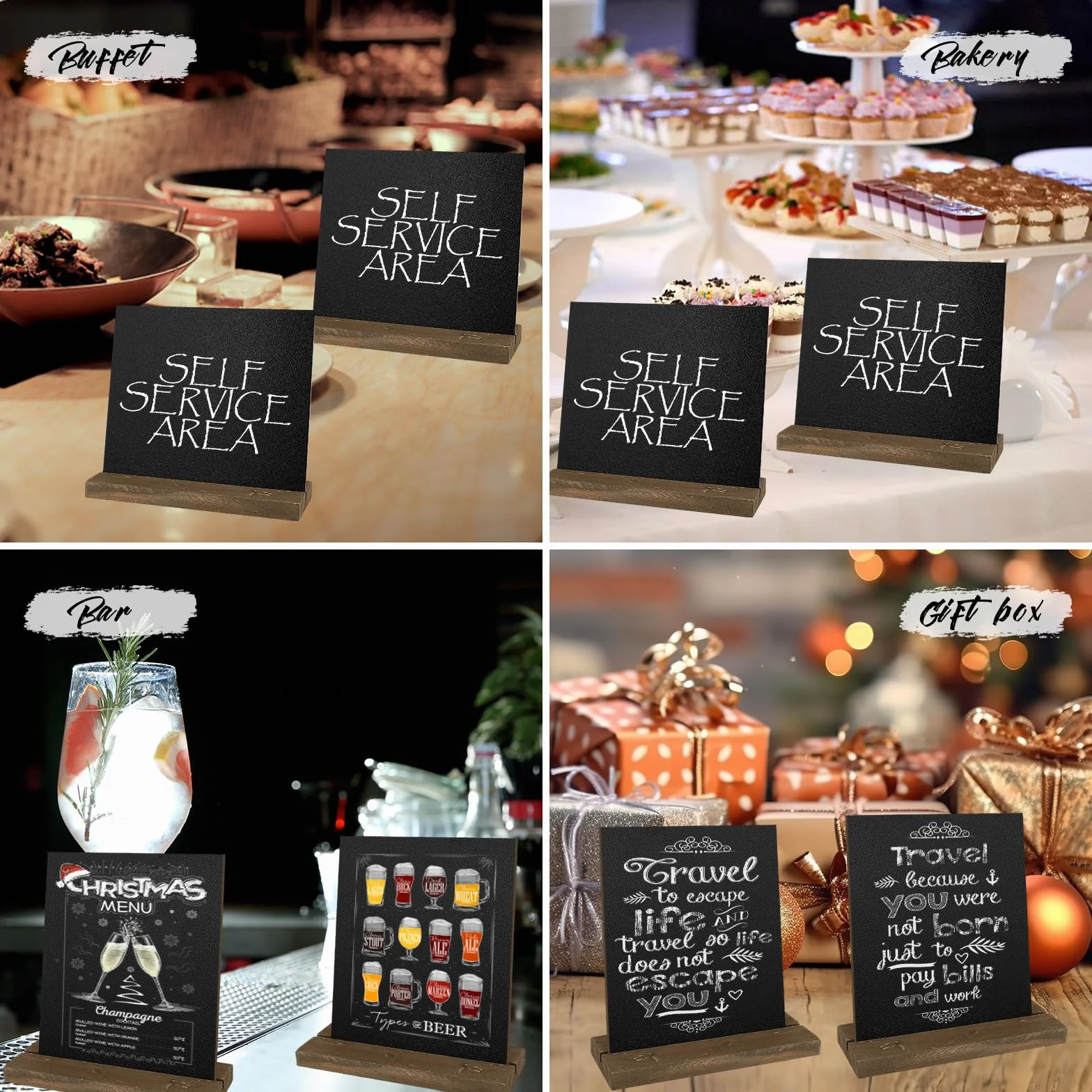 Lot de 8 Tableaux noirs en ardoise avec supports en bois, 3 stylos pour menu de fête et mariage