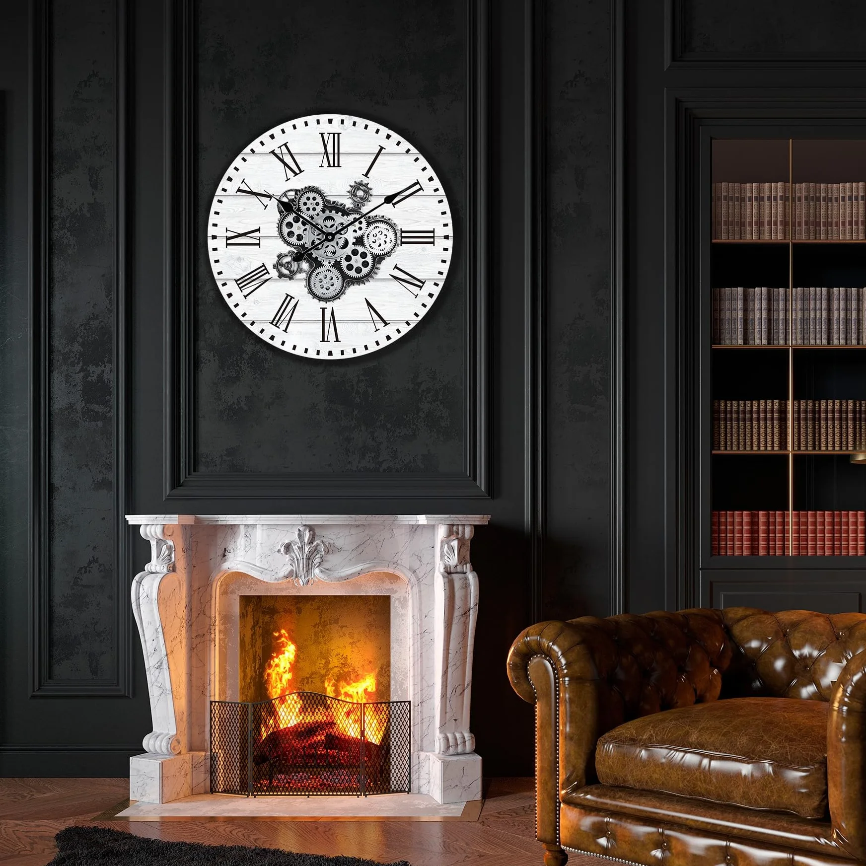 Horloge Murale Engrenages Mobiles Geante 57cm Industrielle Bois Vintage Blanc Pendule Murale Steampunk Chiffres Romains