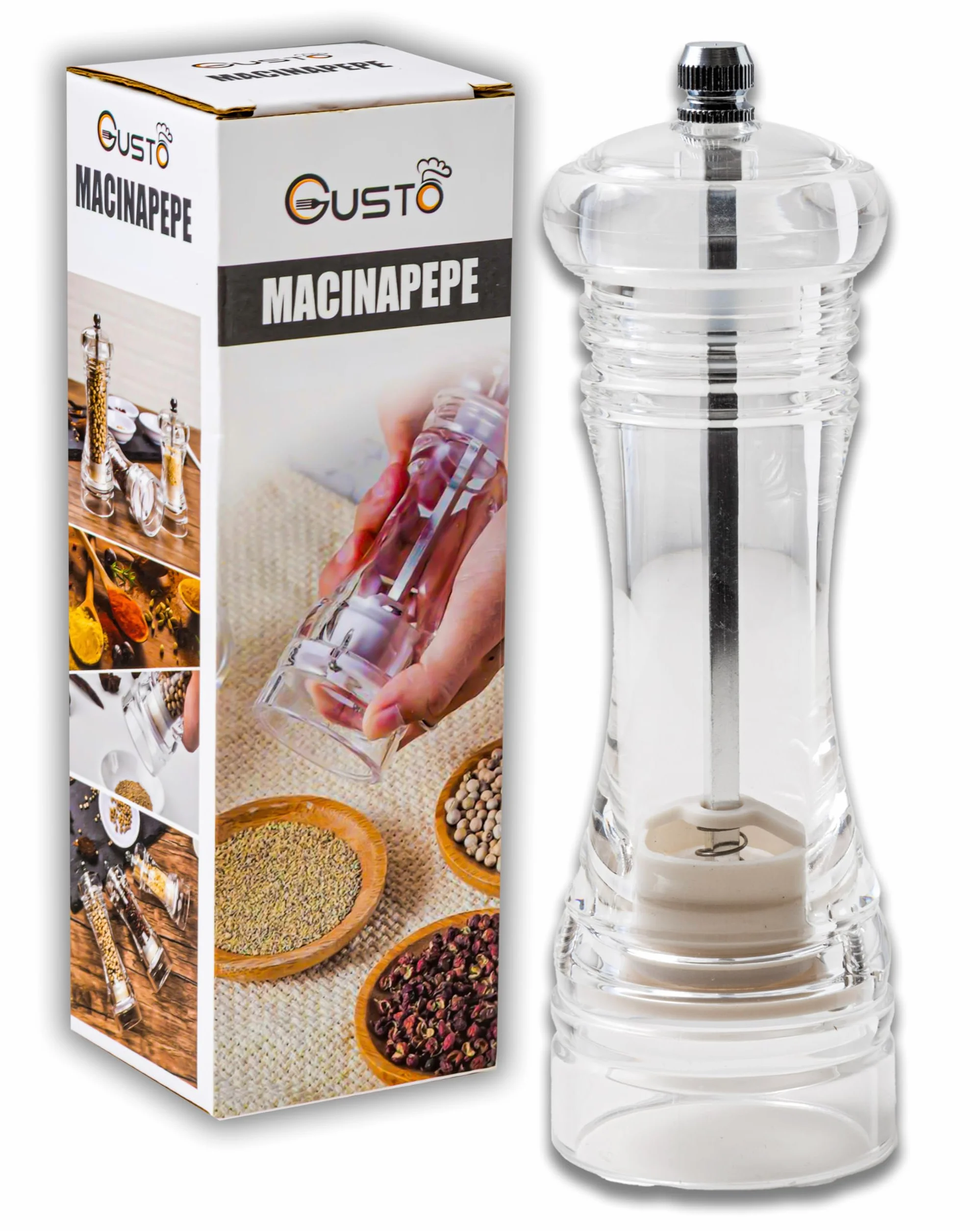 Moulin à Poivre Manuel en Bois Transparent IPEA avec Broyeur en Métal pour Épices, Sel et Piment