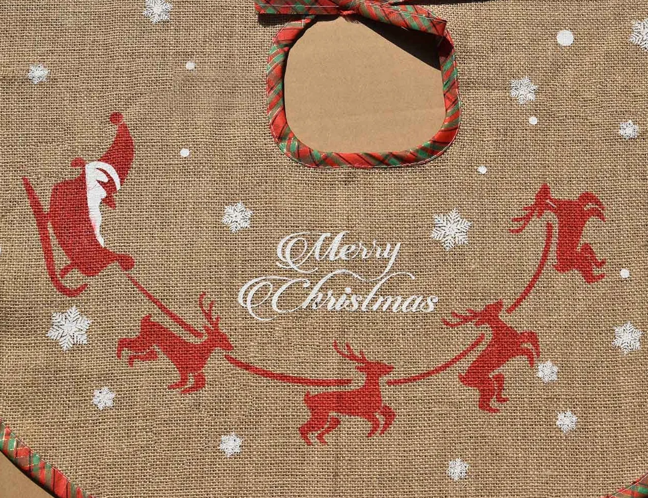 Tapis cache-pied de sapin de Noël Amajoy toile jute flocons neige blancs 30" décoration fête motif écossais rouge vert