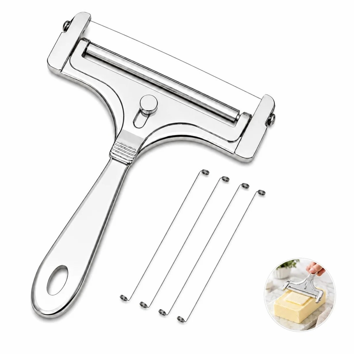 Trancheur à fromage manuel inox 4 fils de rechange réglable coupe-beurre portable argent brillant