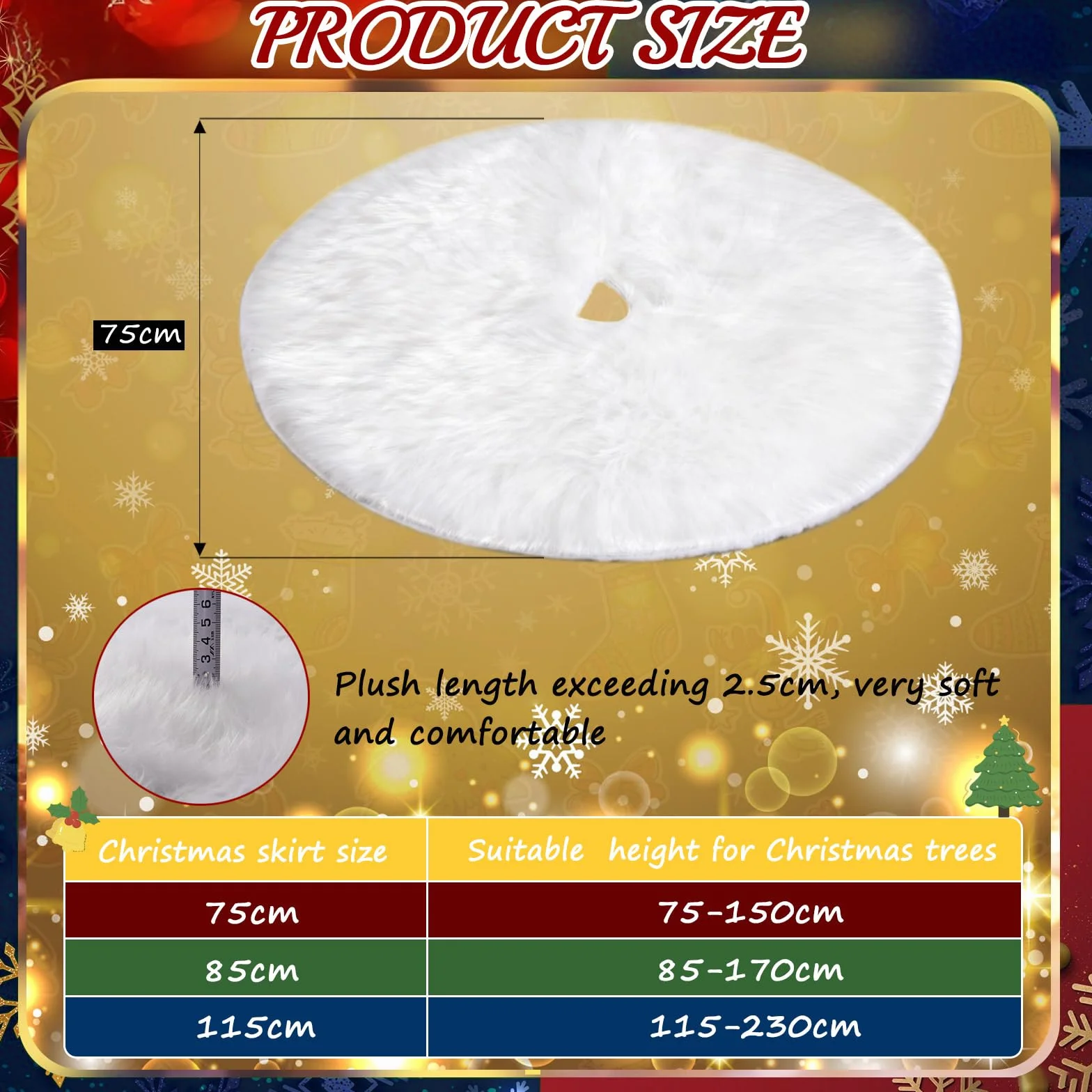 Tapis pour Sapin de Noël Blanc 75 cm Rond Peluche Cache Pied Décoration Maison