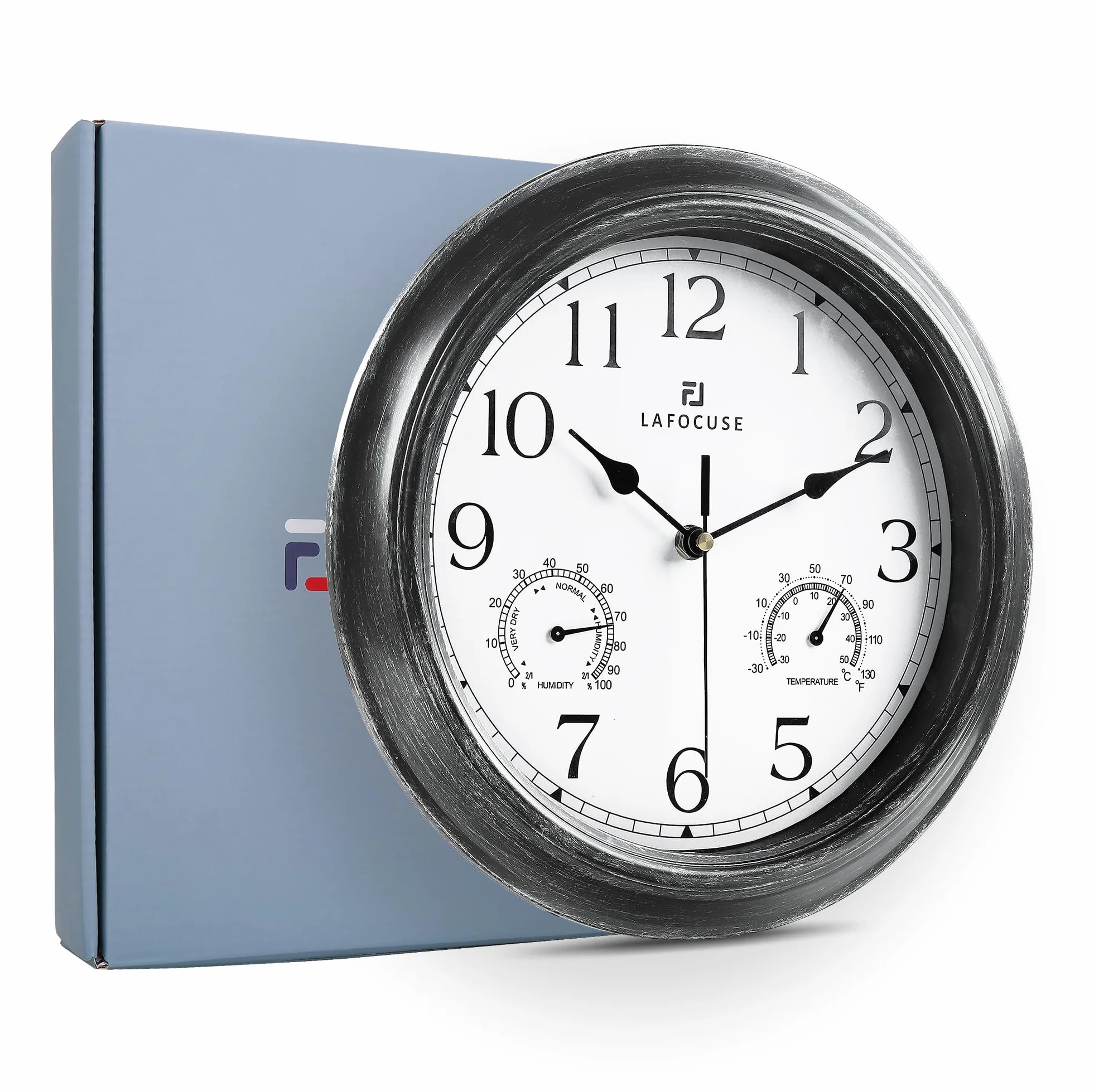 Lafocuse Horloge Murale Exterieure Etanche 30cm avec Thermomètre et Hygromètre Vintage Noir