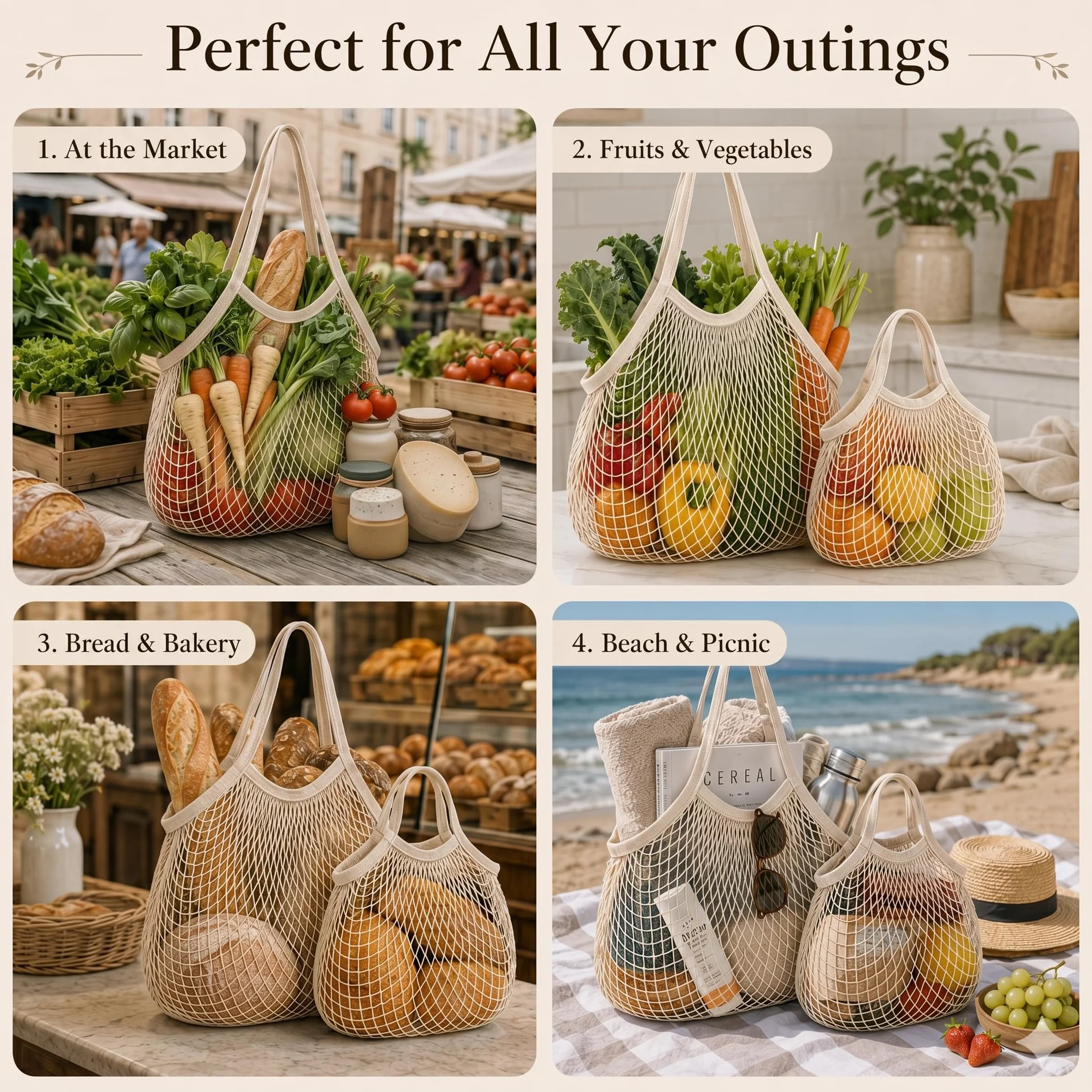 Sacs Filet Réutilisables Lot de 2, Grand Sac Anses Longues et Petit Sac Anses Courtes, Pliable pour Fruits Légumes Pain Plage
