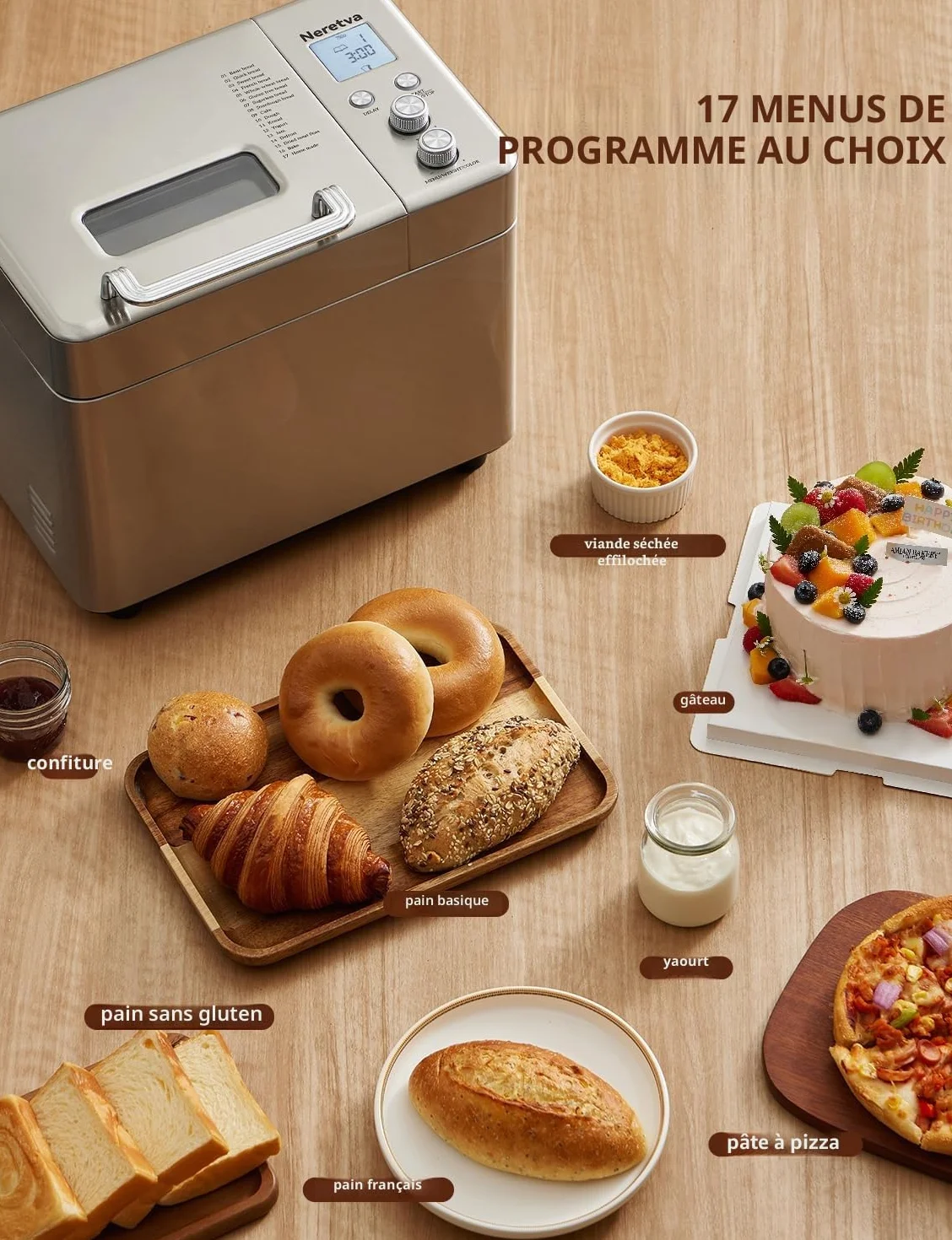 Neretva Machine à Pain Silencieuse Double Chauffage 1000G Bol Céramique Antiadhésif 17 Programmes Sans Gluten