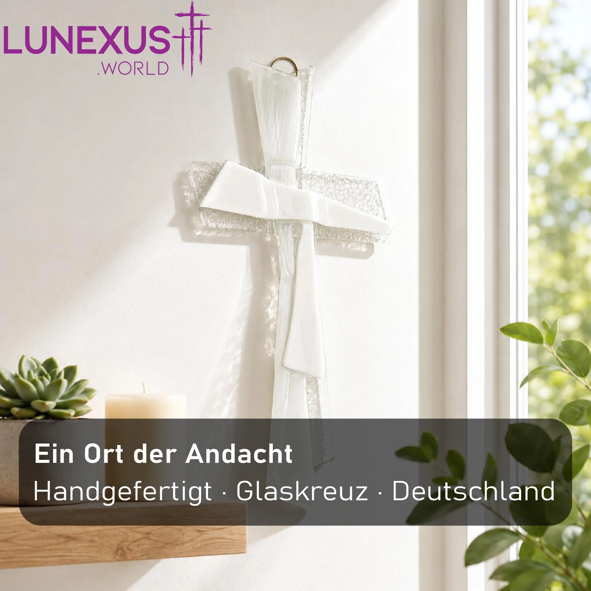 Lunexus Croix en verre blanc transparent 27 x 12 cm Cadeau de baptême communion confirmation Croix murale blanche faite à la main Allemagne certificat bénédiction