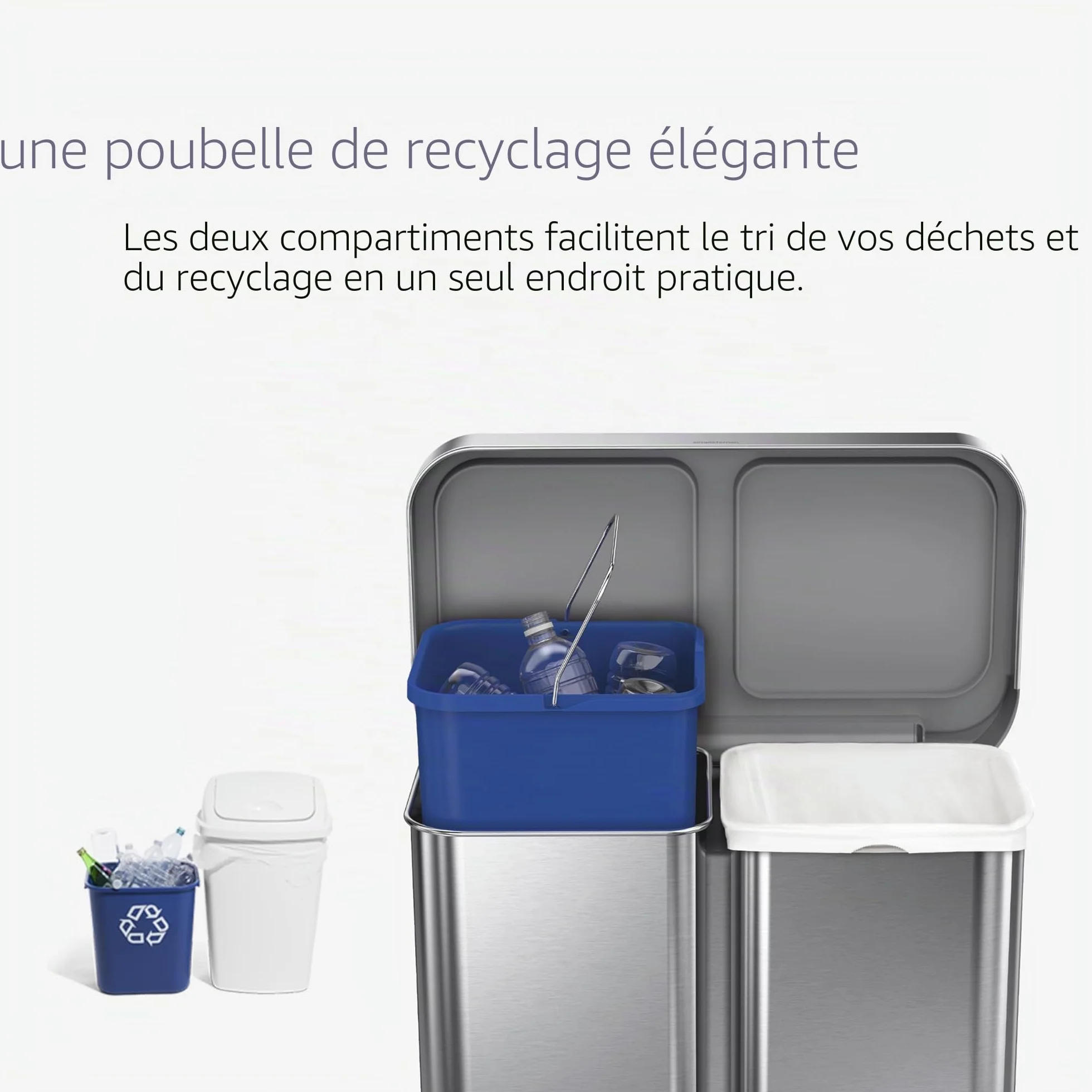 Simplehuman CW2025 poubelle de recyclage rectangulaire acier inoxydable brossé 58 litres 2 bacs