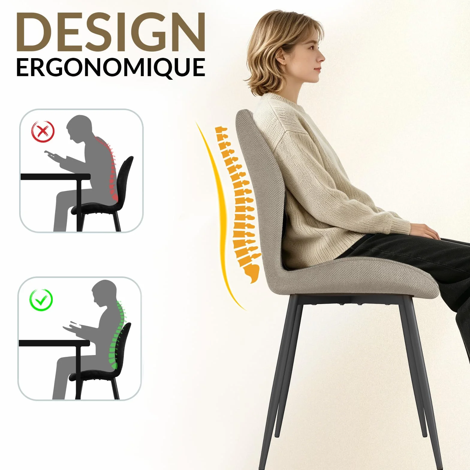 JIJIAN Lot de 6 Chaises de Salle à Manger, Chaise tapissée, Dossier en Tissu, Pieds en Métal, Gris Brun