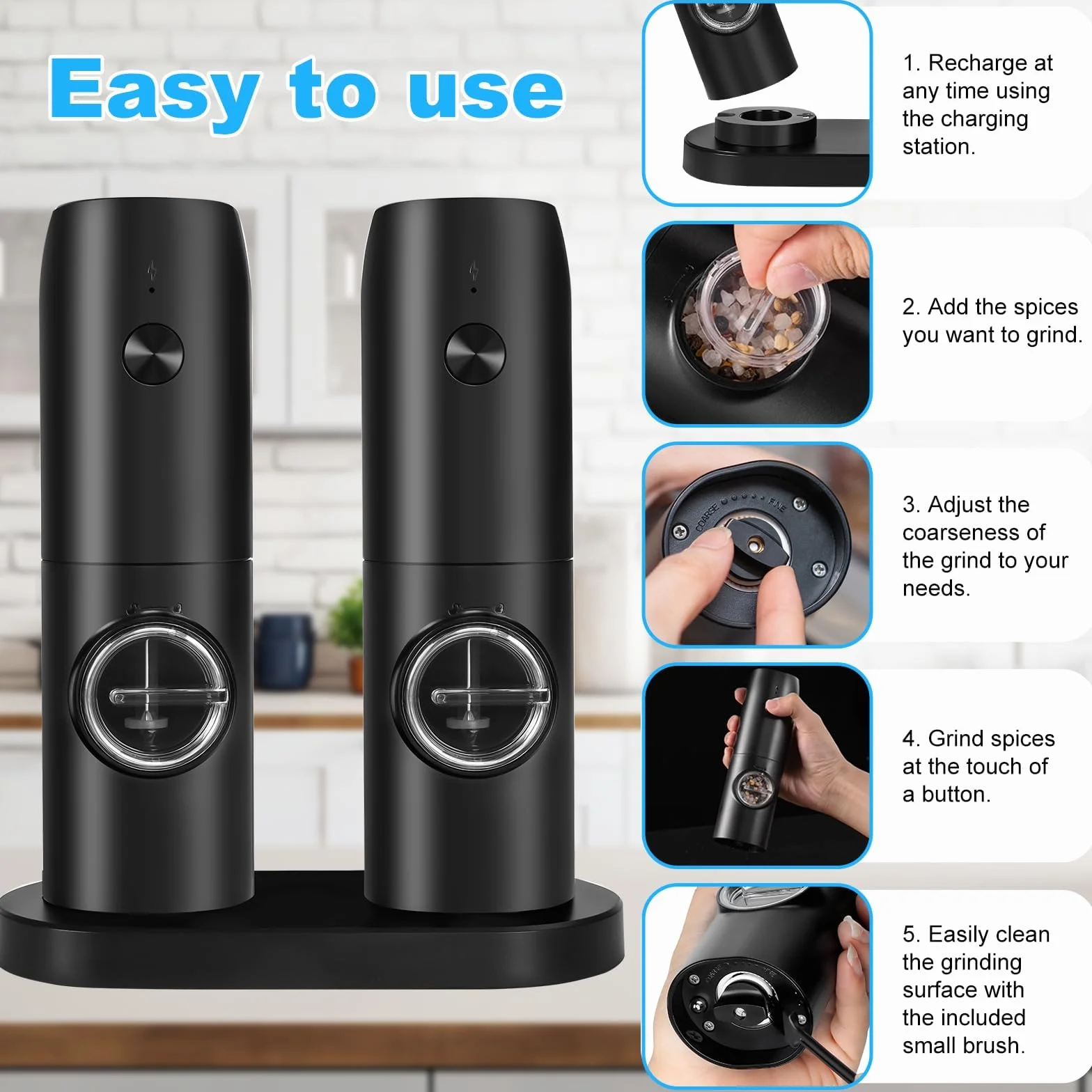 UCAMP Moulin à Sel et Poivre Électrique, Base Rechargeable, Grossièreté Réglable, Lampe LED