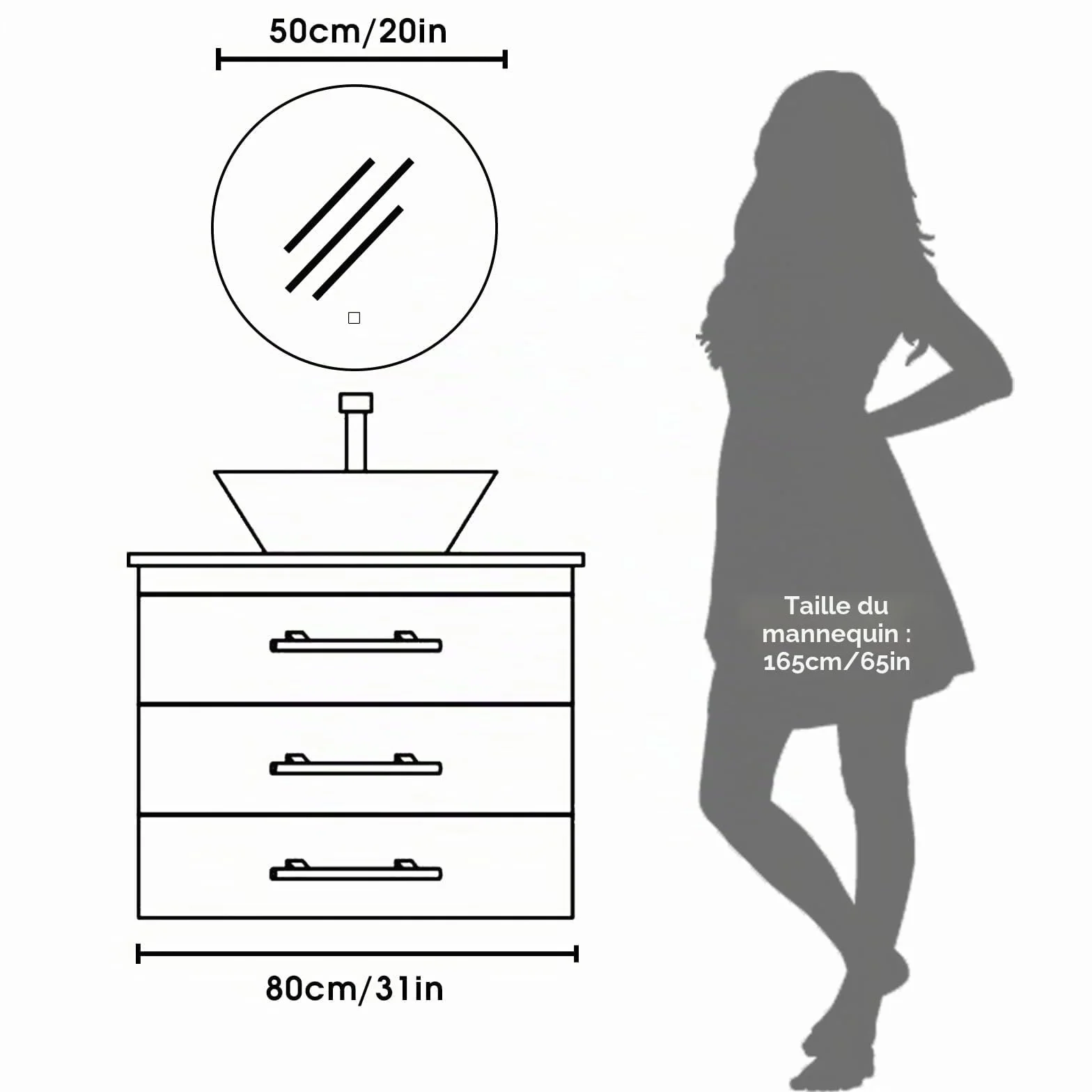 Miroir Salle de Bain LED Rond 50cm, 3 Couleurs Lumière Dimmable, Interrupteur Tactile