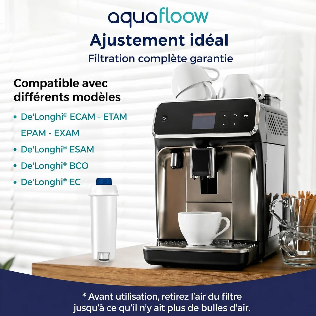 Aquafloow Filtre à eau compatible DeLonghi DLSC002 Détartrant EcoDecalk 500ml Kit entretien machine à café Magnifica S Evo Dinamica brosse nettoyage