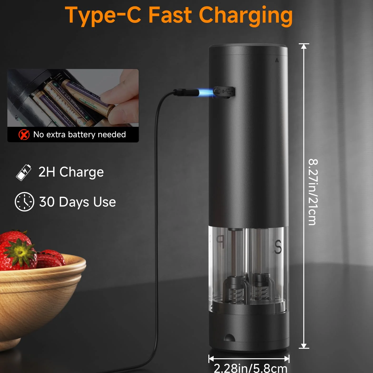 Moulin à Sel et Poivre Électrique 2 en 1 Rechargeable avec Éclairage LED, Réglable, Grande Capacité, Noir