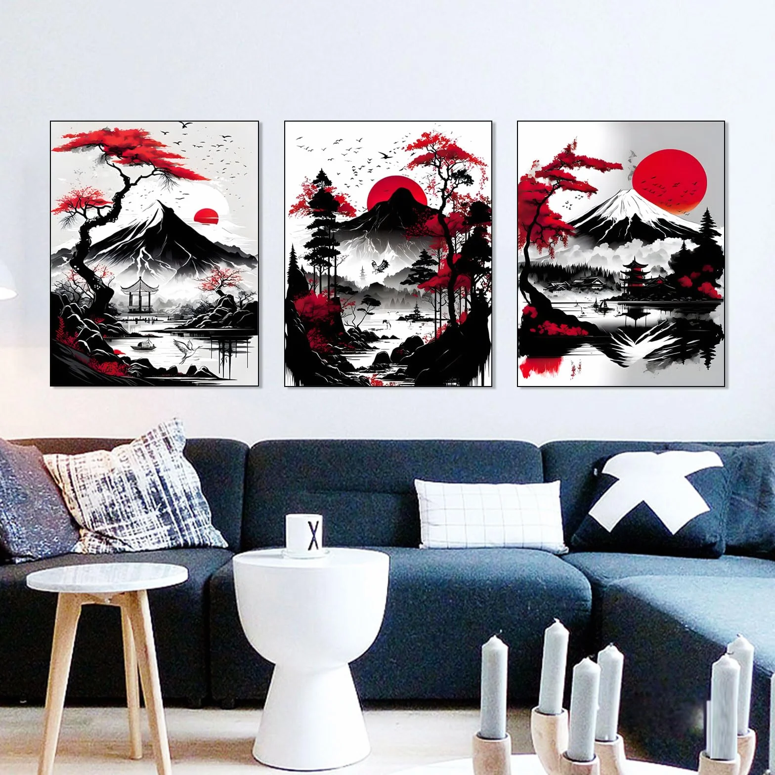 Poster de paysage japonais, temple japonais en automne noir et blanc, décoration murale sans cadre, 50 x 70 cm
