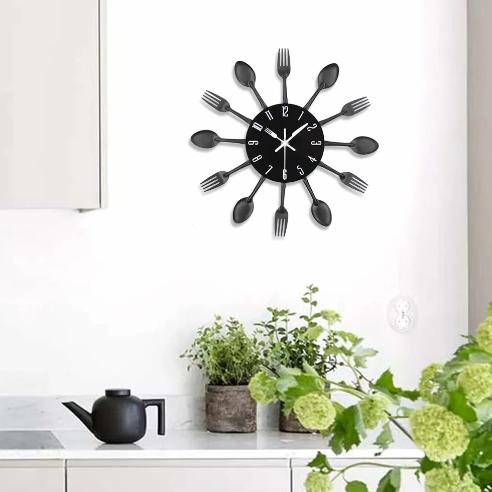 Horloge de cuisine effet miroir 32x32x4cm Noir avec autocollant 3D
