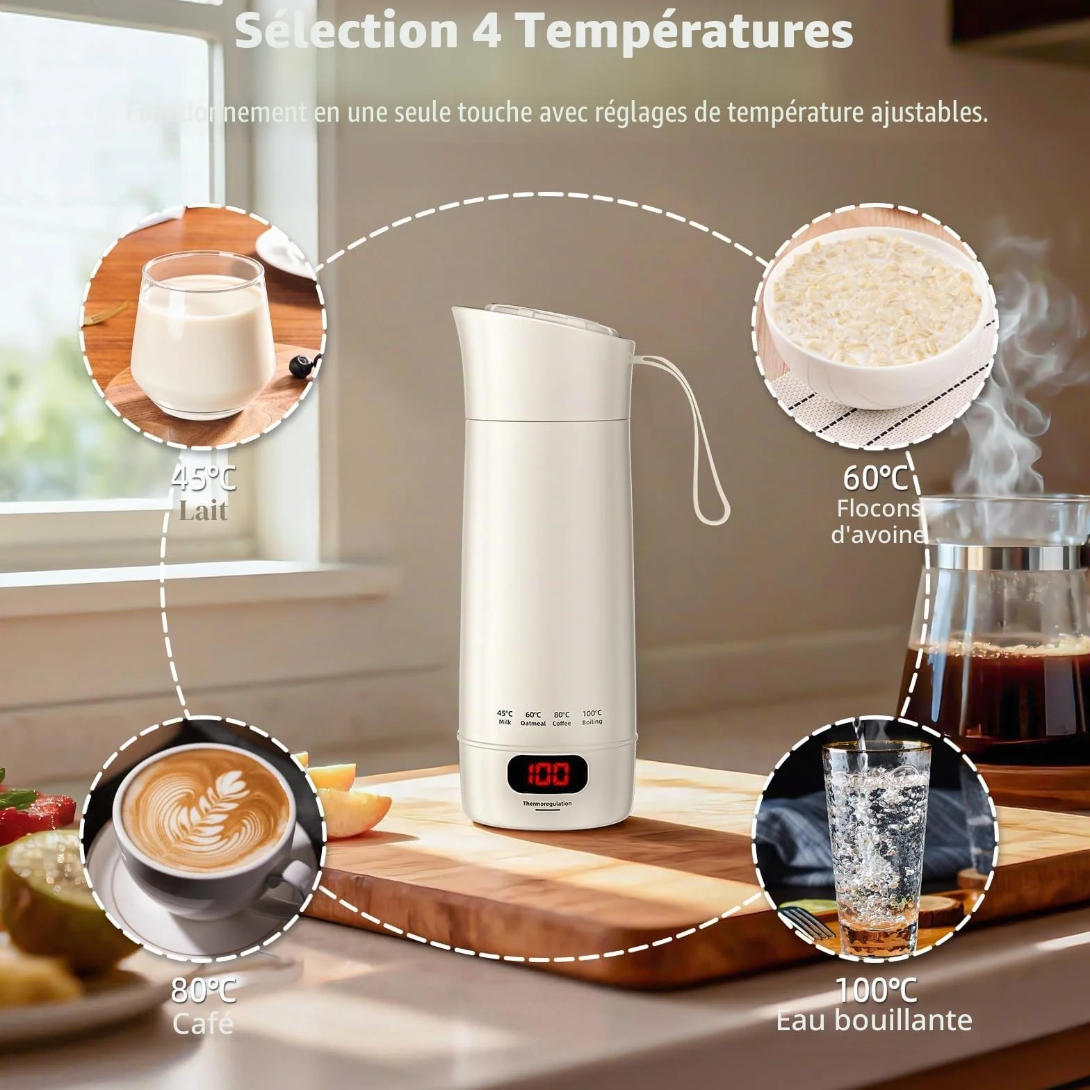 Mini Bouilloire Électrique Portable 400 ML 3 en 1 avec 4 Niveaux de Température, Doublure Acier Inoxydable 304