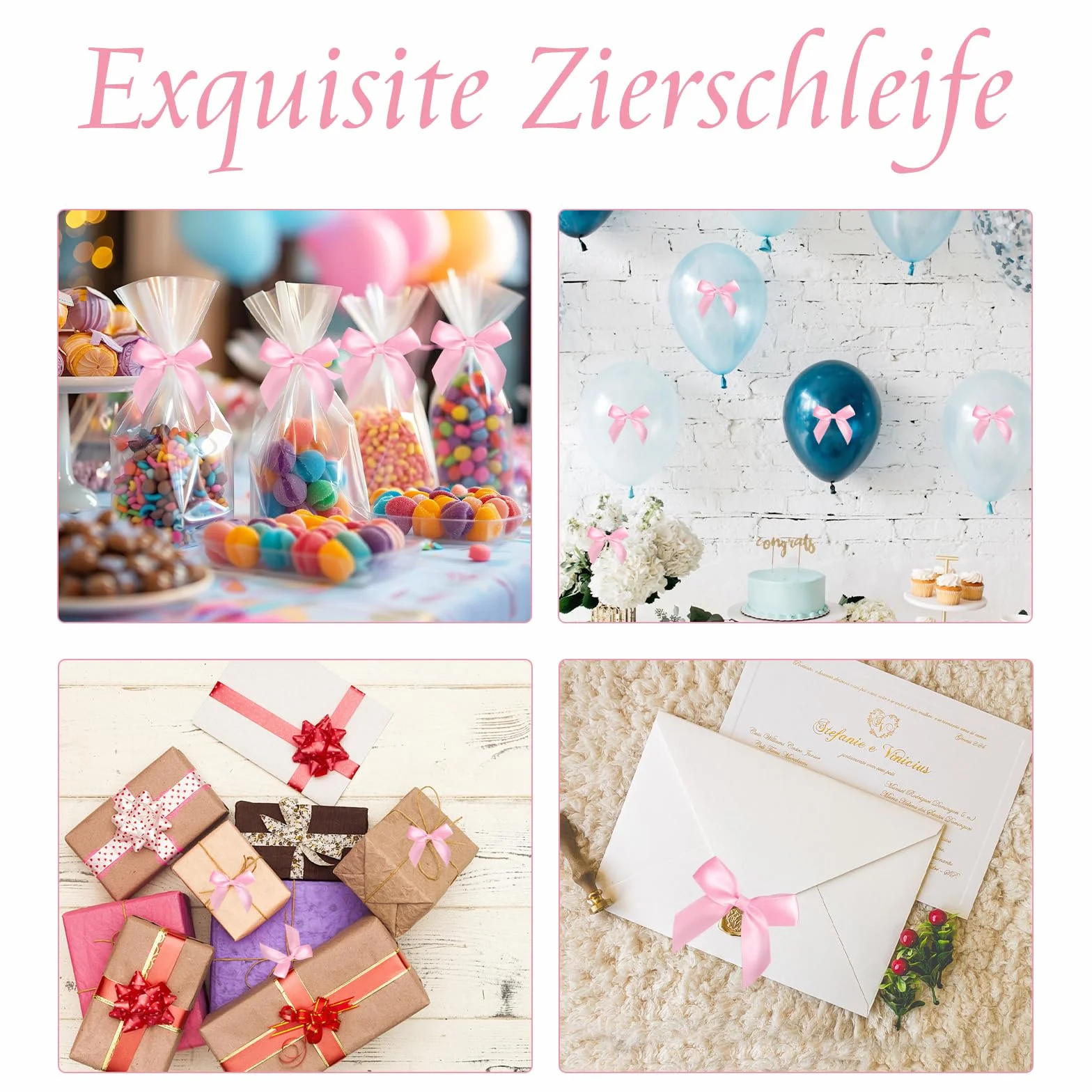 Nœuds Décoratifs Autocollants en Satin Rose pour Cadeaux Mariages Saint-Valentin Noël