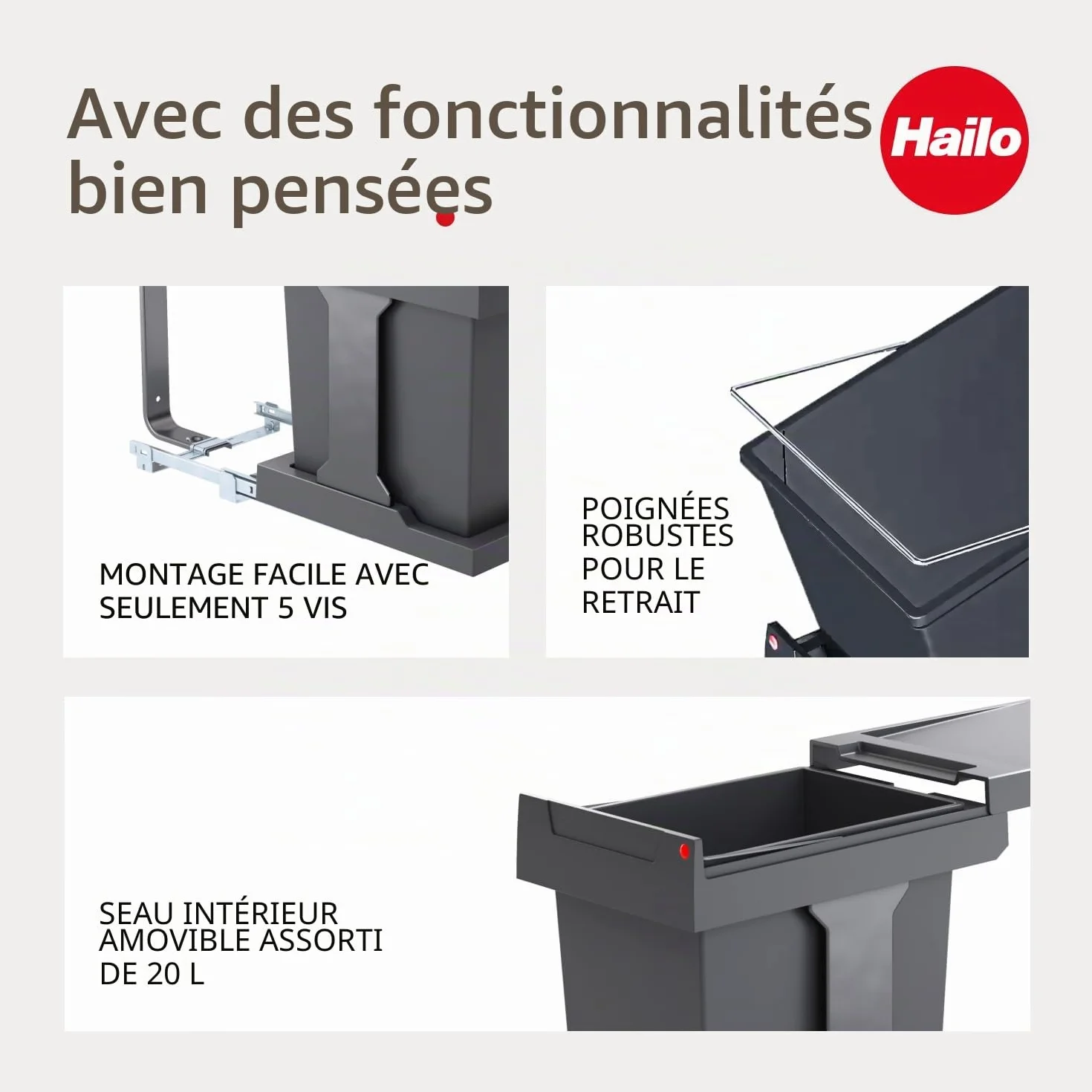 Hailo Collecteur de déchets Solo manuel 20 l 300 mm large anthracite