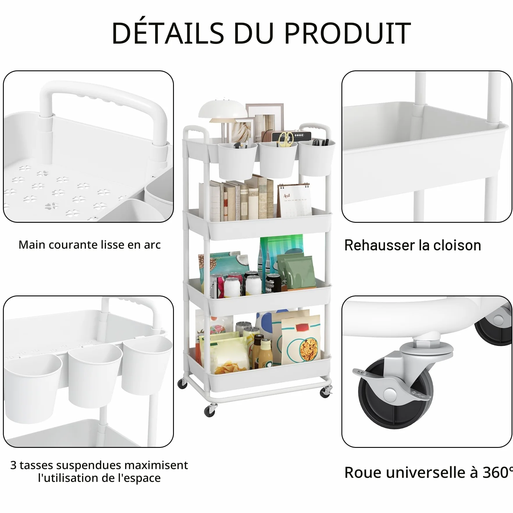 JIUYOTREE Chariot de Rangement à 4 Niveaux, Roulettes Verrouillables, Poignées, Gobelets Suspendus, Blanc