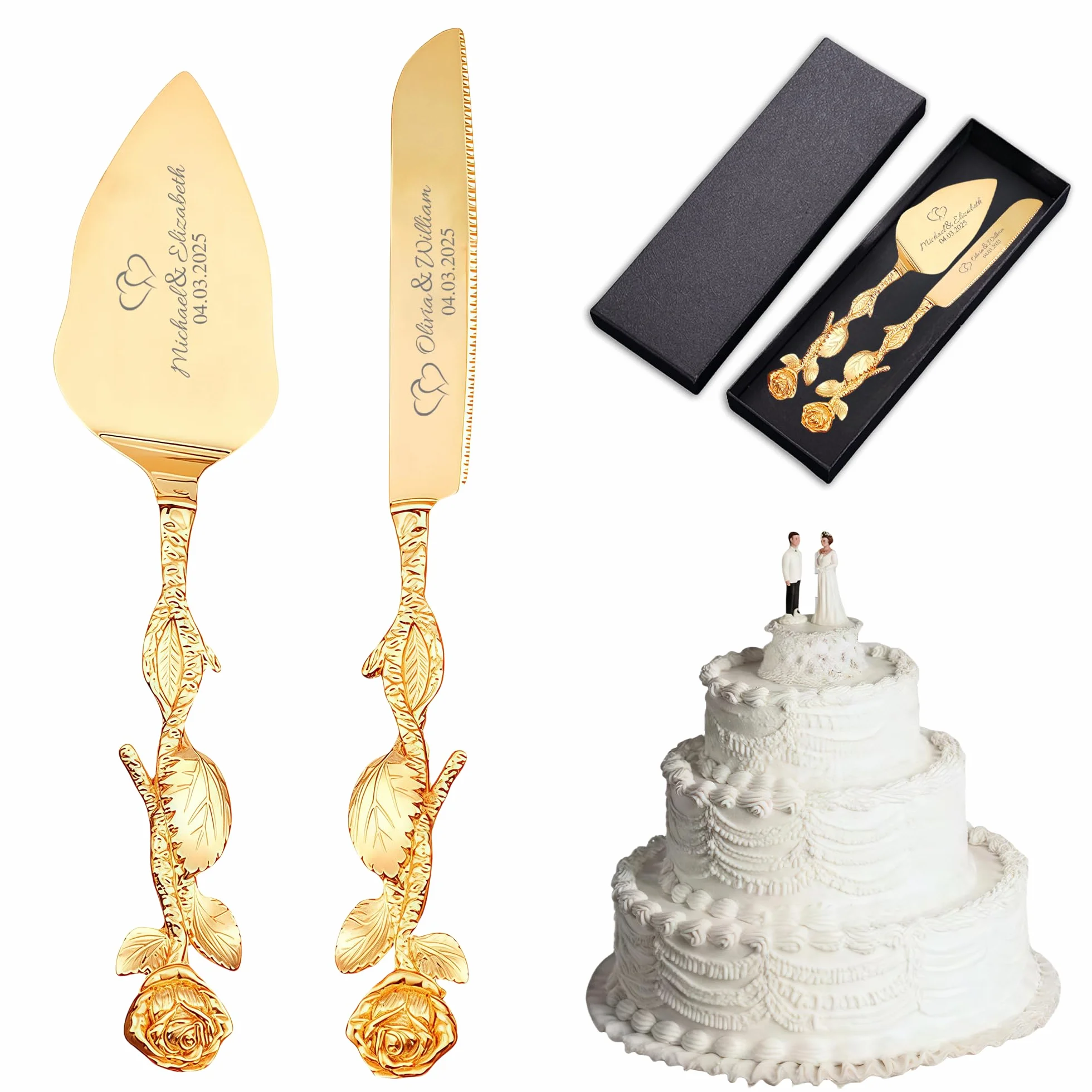 Couteau à Gâteau de Mariage Personnalisé en Acier Inoxydable avec Gravure