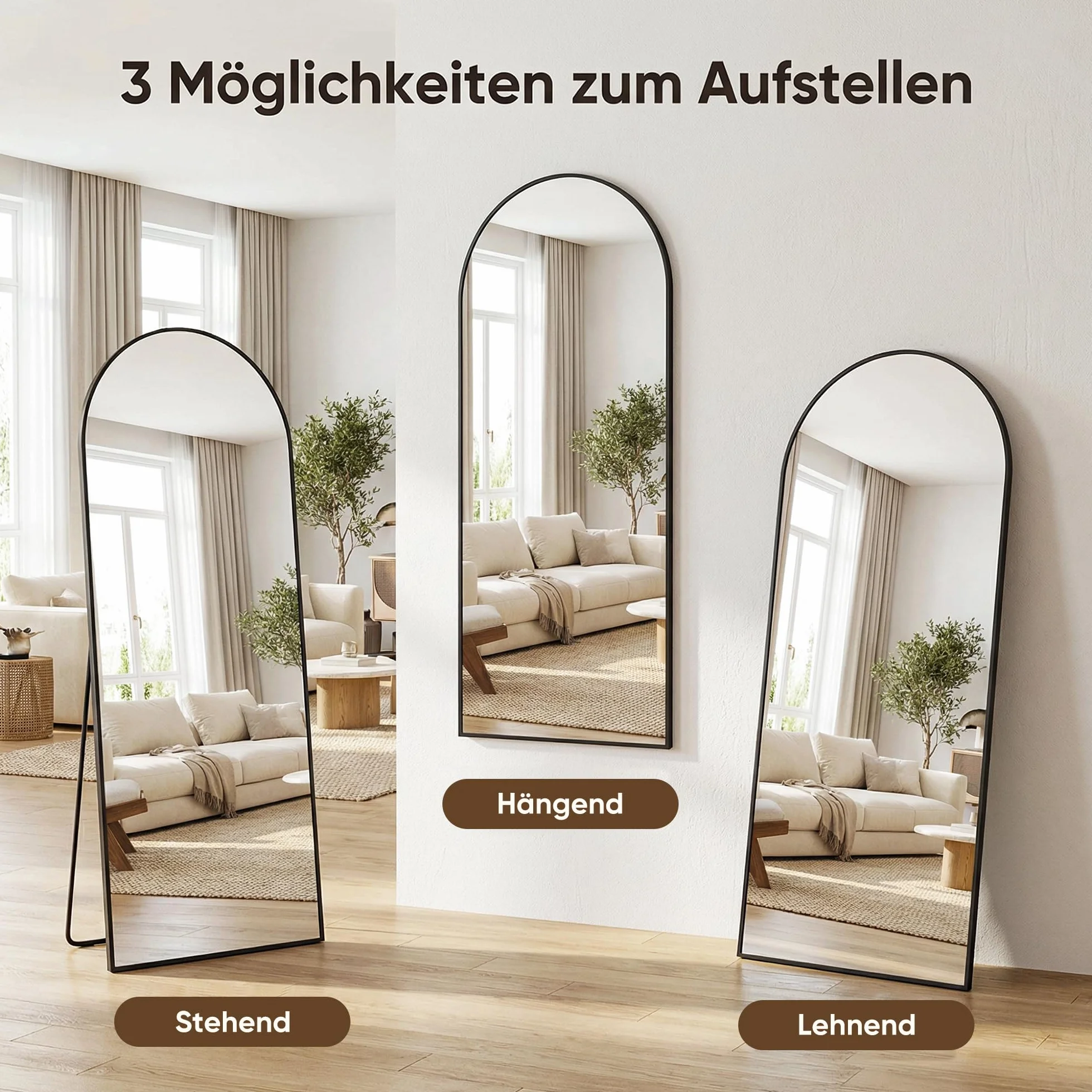 Miroir complet 180 x 82 cm, miroir sur pied bombé, cadre en alliage d'aluminium, noir