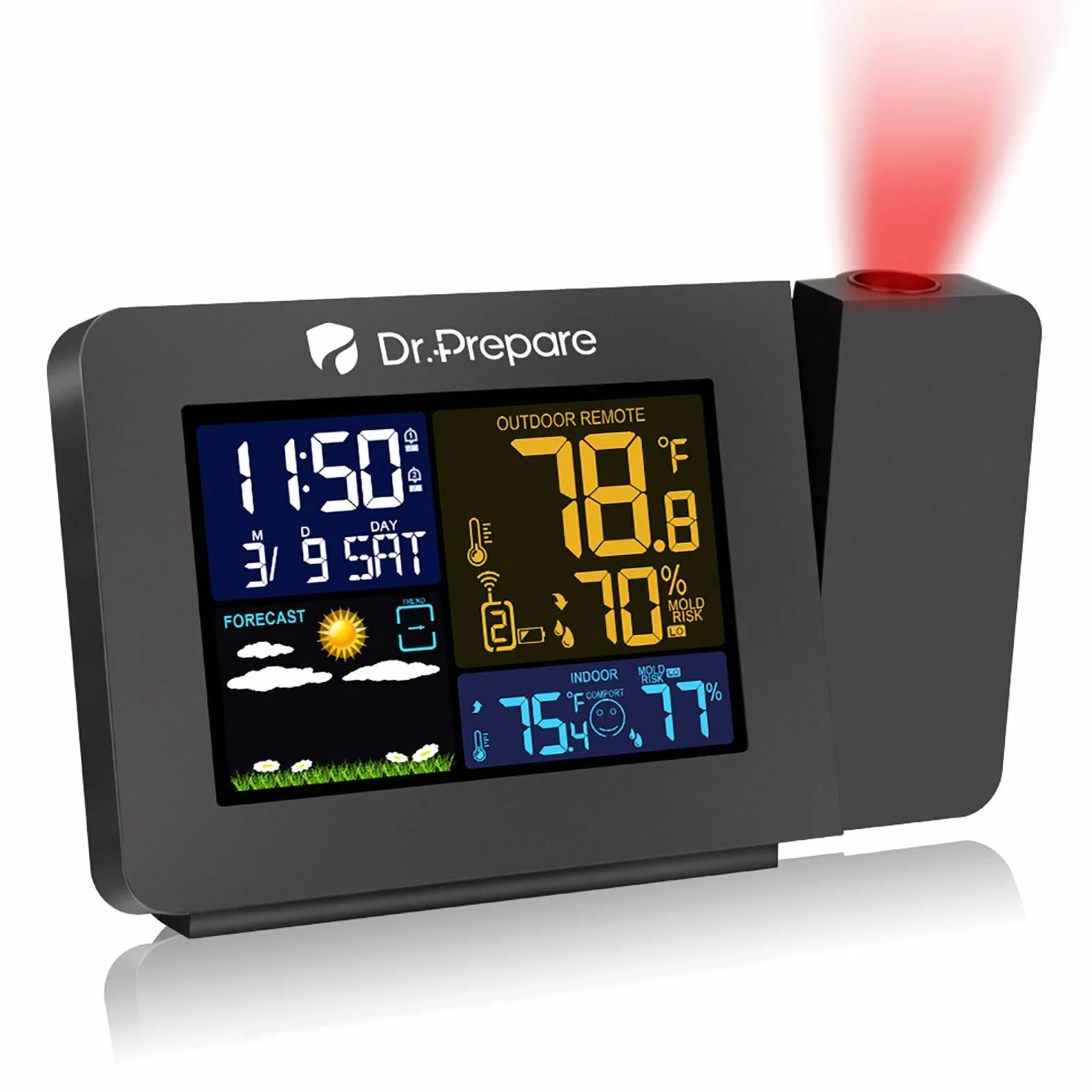 DR.PREPARE Réveil à Projection Station Météo avec Capteur Extérieur Température
