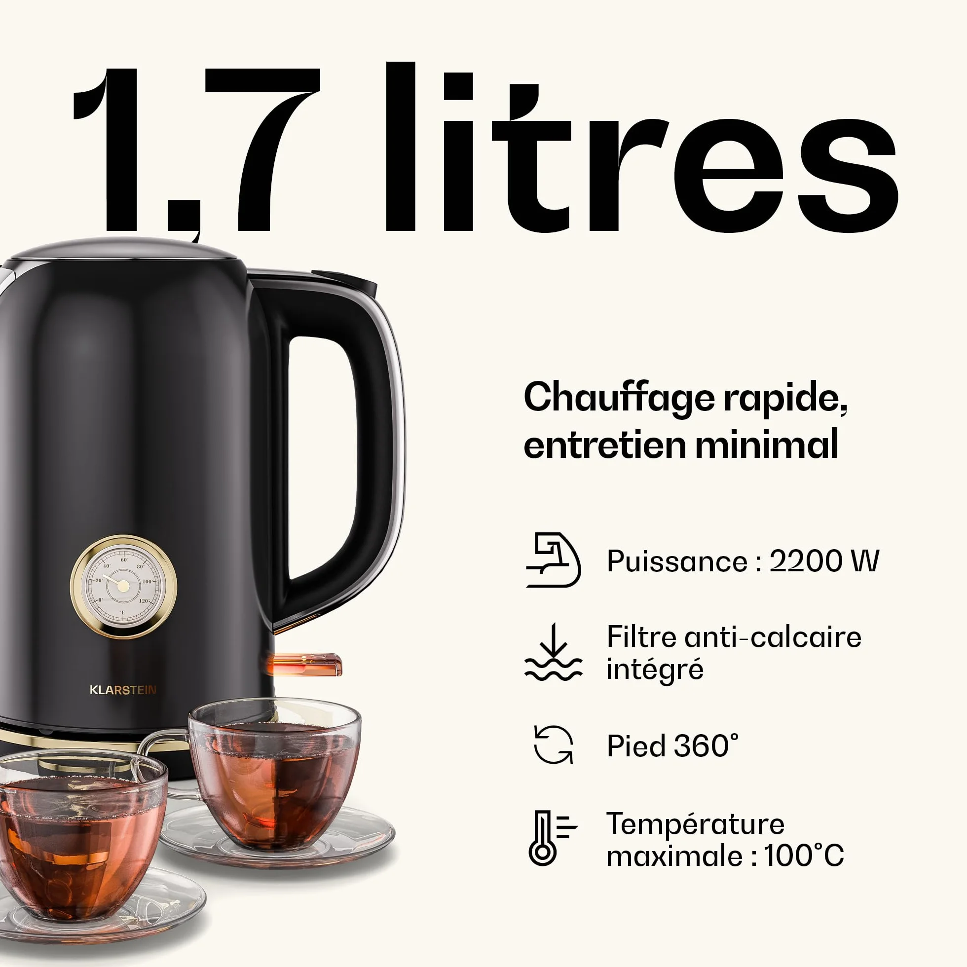 KLARSTEIN Victoria Set Petit-Déjeuner Complet – Grille-Pain 2 Fentes 7 Niveaux, Bouilloire Électrique 1,7L, Cafetière Filtre 12 Tasses, Design Rétro, Noir