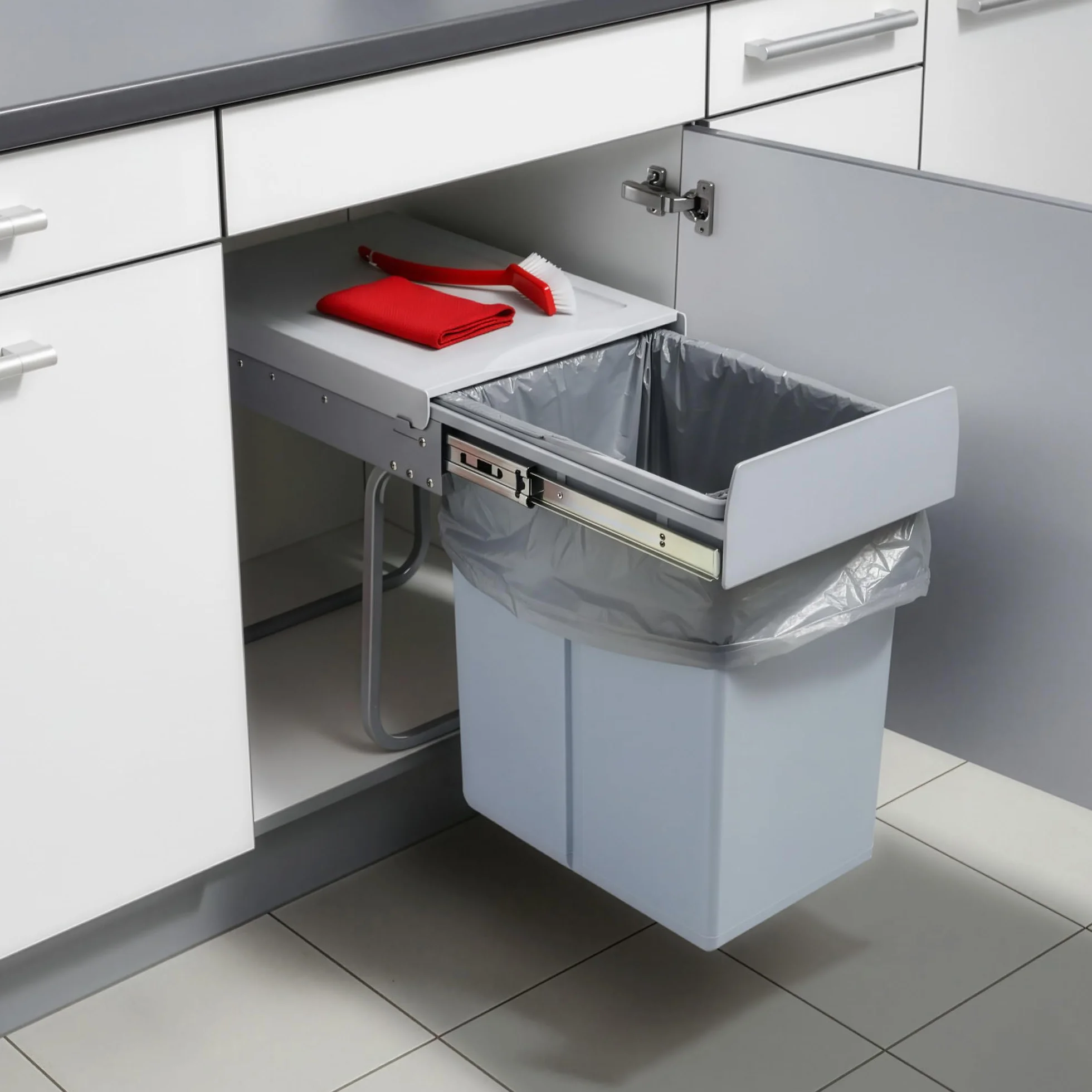 Poubelle Encastrable sur Rails Coulissants Tri Sélectif Sous Évier 1 x 20L Gris Acier Plastique 34 x 26 x 42 cm