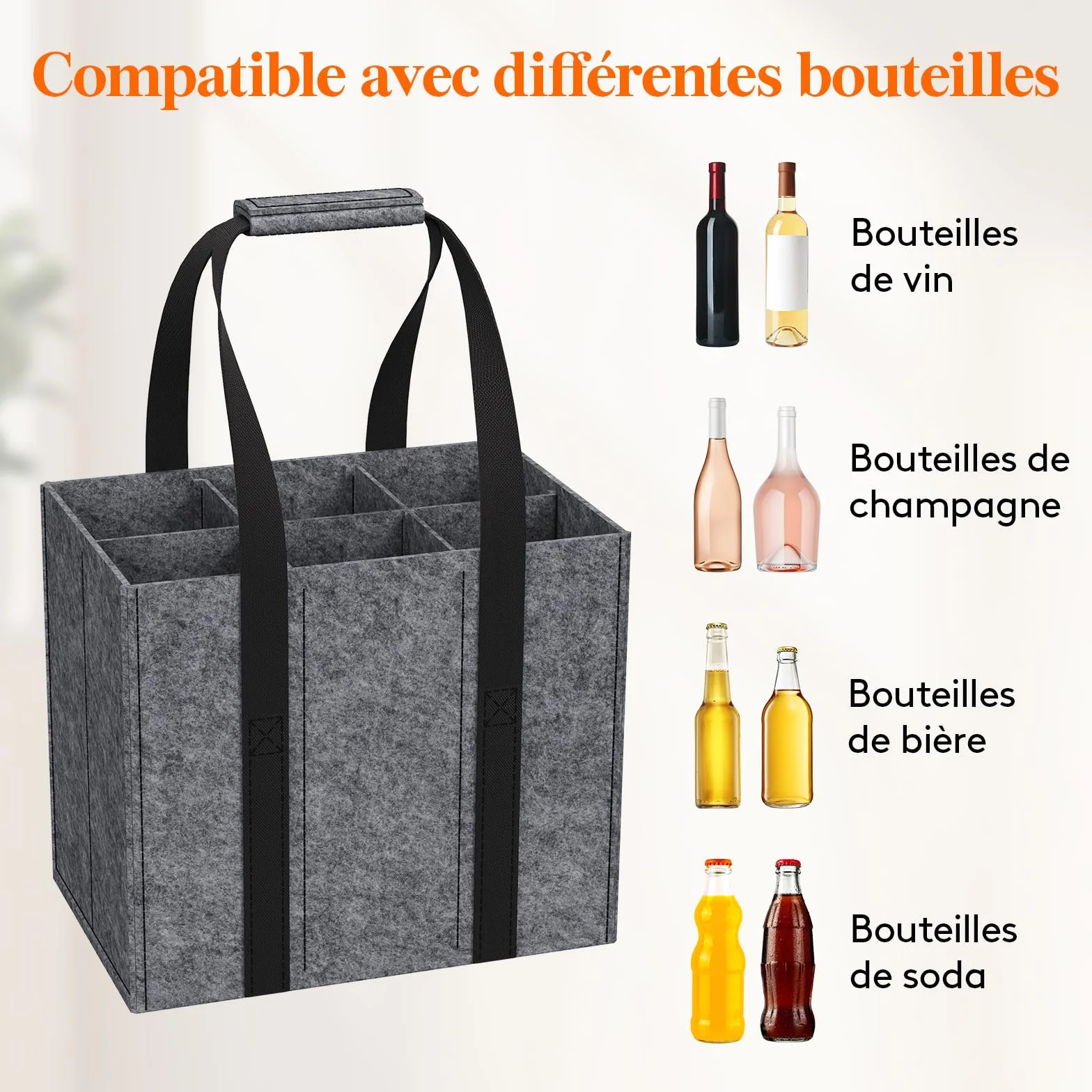 Lifewit Sac Bouteille en Feutre Robuste, Porte Bouteille pour 6 Bouteilles de 1,5 L, 30 x 20 x 26 cm